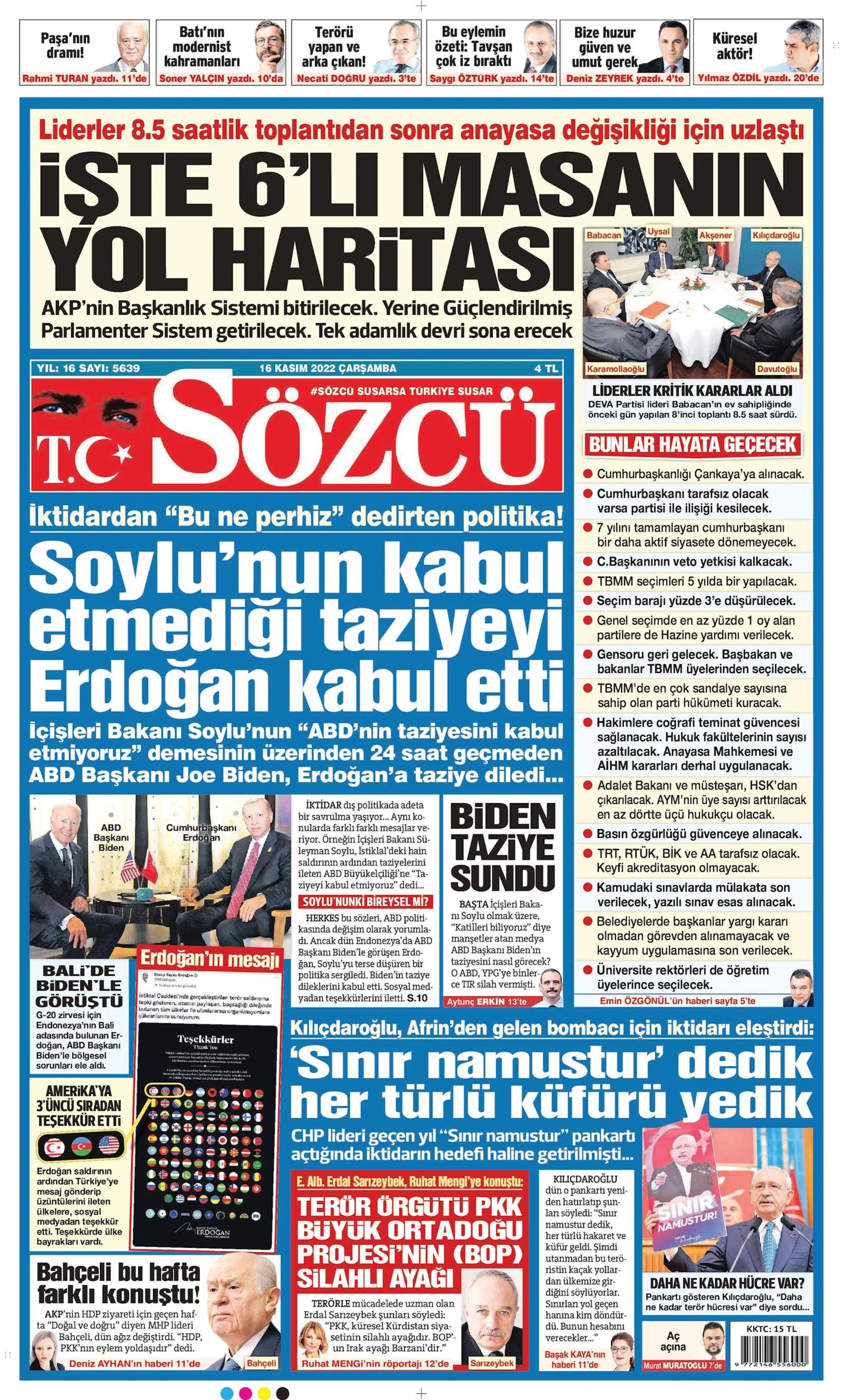 Sözcü Gazetesi 16 Kasım 2022 Çarşamba Günü Manşeti