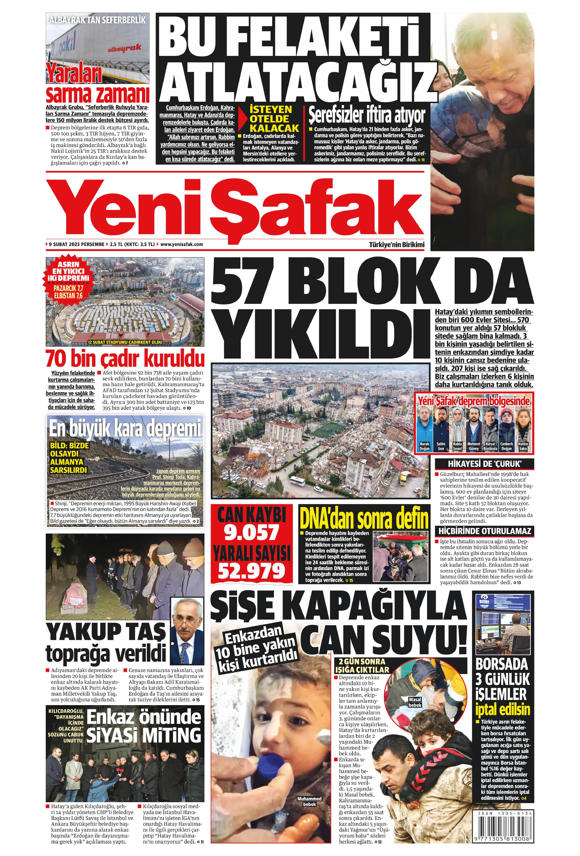 Yeni Şafak Gazetesi 9 Şubat 2023 Perşembe Günü Manşeti