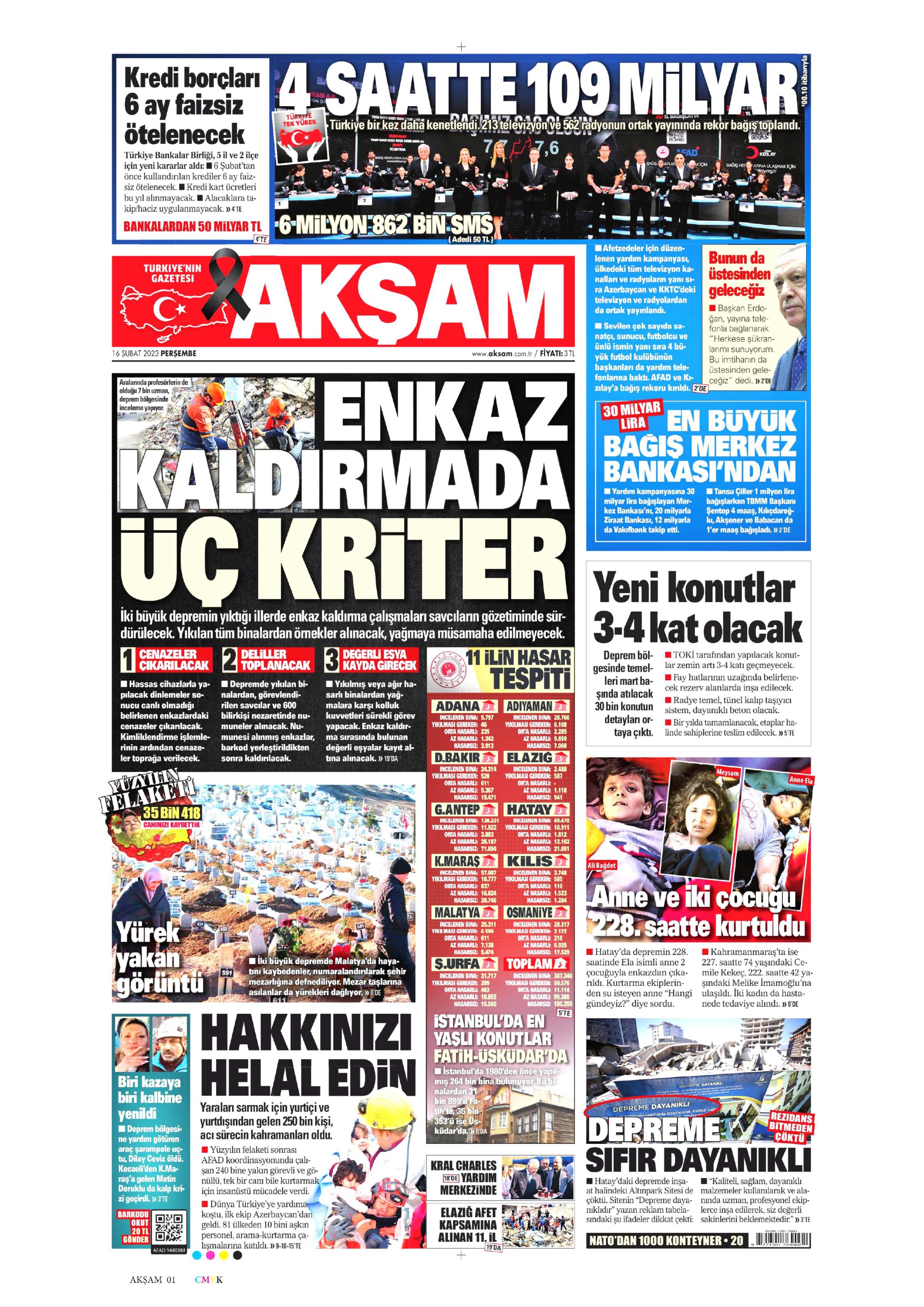 Akşam Gazetesi 16 Şubat 2023 Perşembe Günü Manşeti