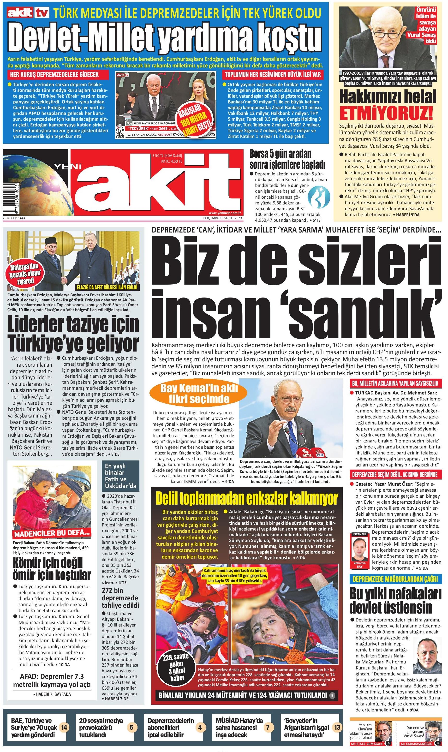 Yeni Akit Gazetesi 16 Şubat 2023 Perşembe Günü Manşeti