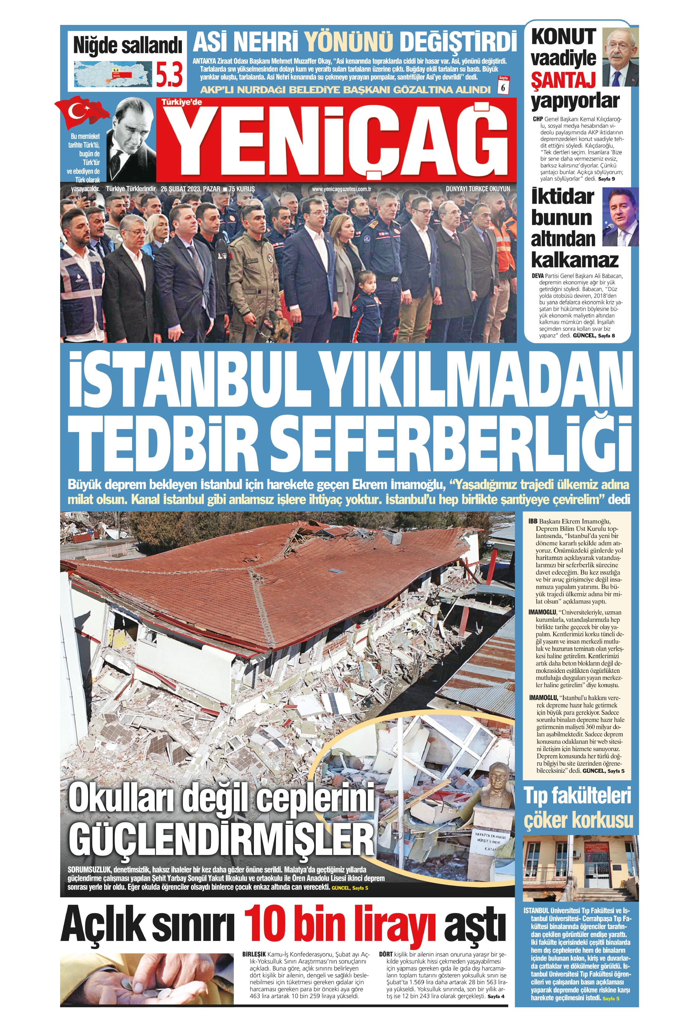 Türkiye de Yeni Çağ Gazetesi 26 Şubat 2023 Pazar Günü Manşeti