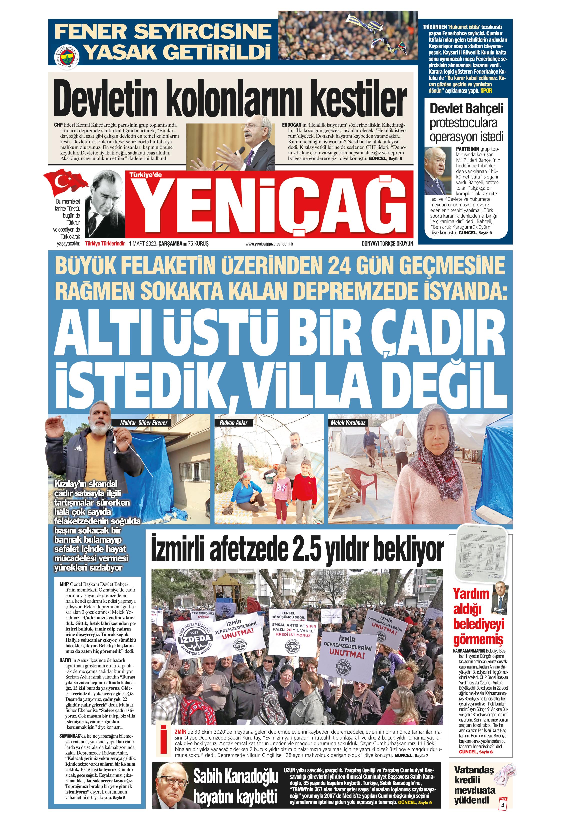 Türkiye de Yeni Çağ Gazetesi 1 Mart 2023 Çarşamba Günü Manşeti