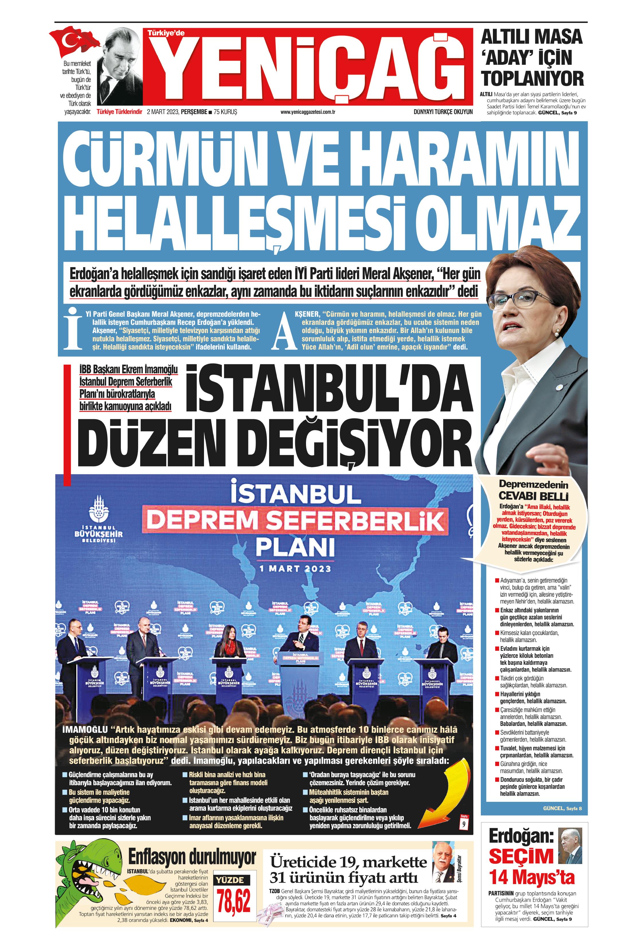 Türkiye de Yeni Çağ Gazetesi 2 Mart 2023 Perşembe Günü Manşeti