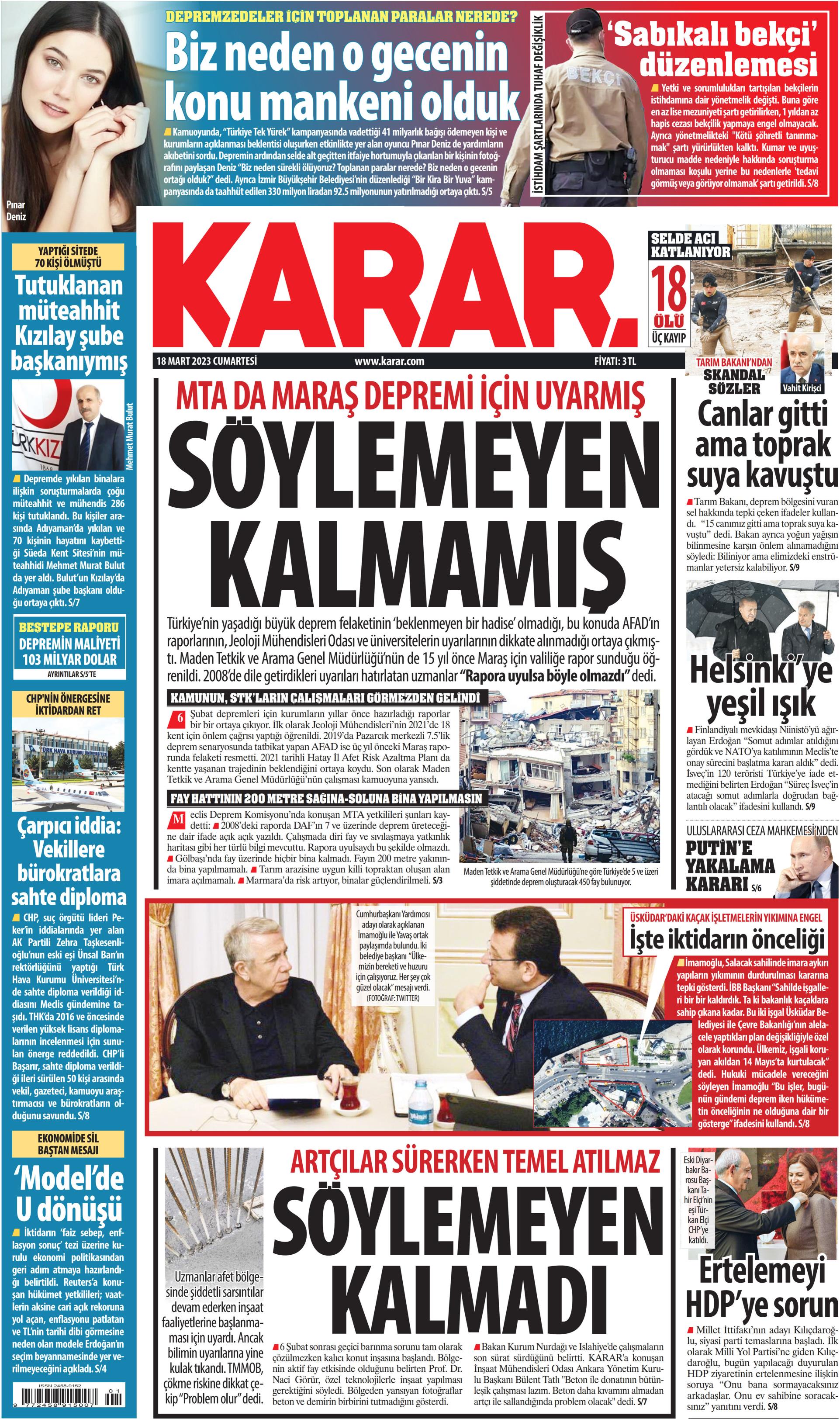 Karar Gazetesi 18 Mart 2023 Cumartesi Günü Manşeti