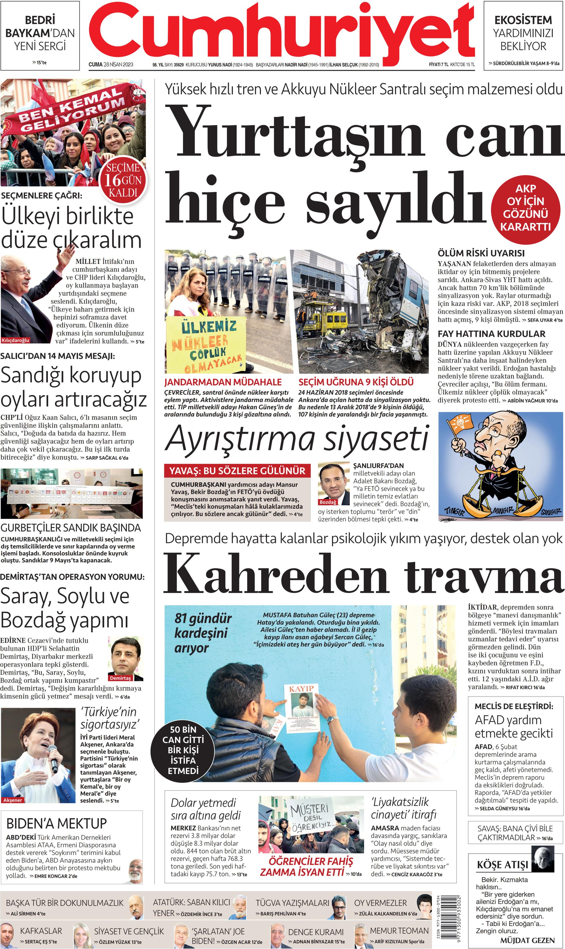 Cumhuriyet Gazetesi 28 Nisan 2023 Cuma Günü Manşeti