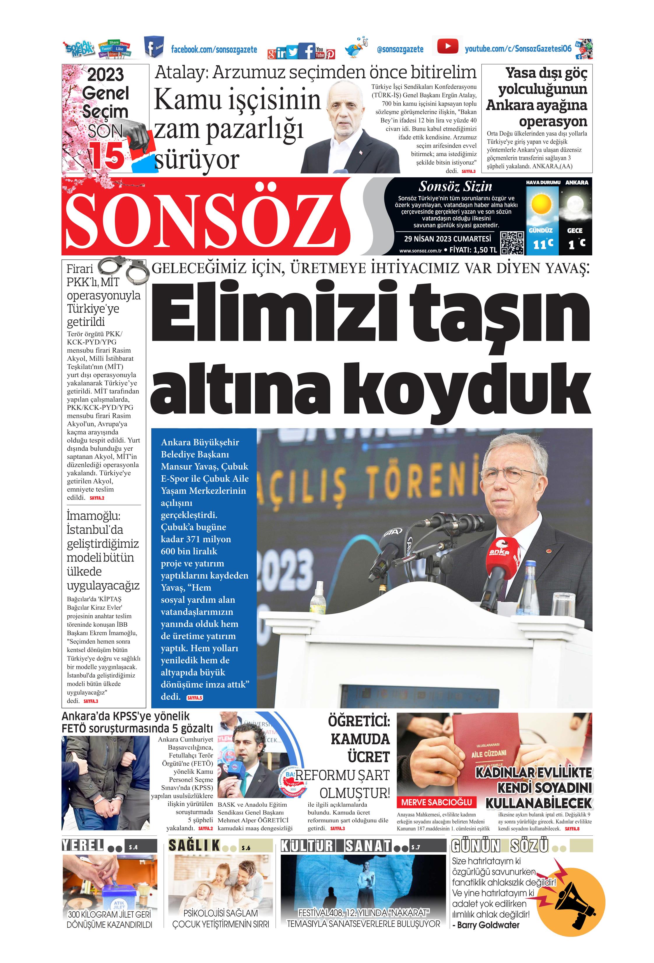 Sonsöz Gazetesi 29 Nisan 2023 Cumartesi Günü Manşeti