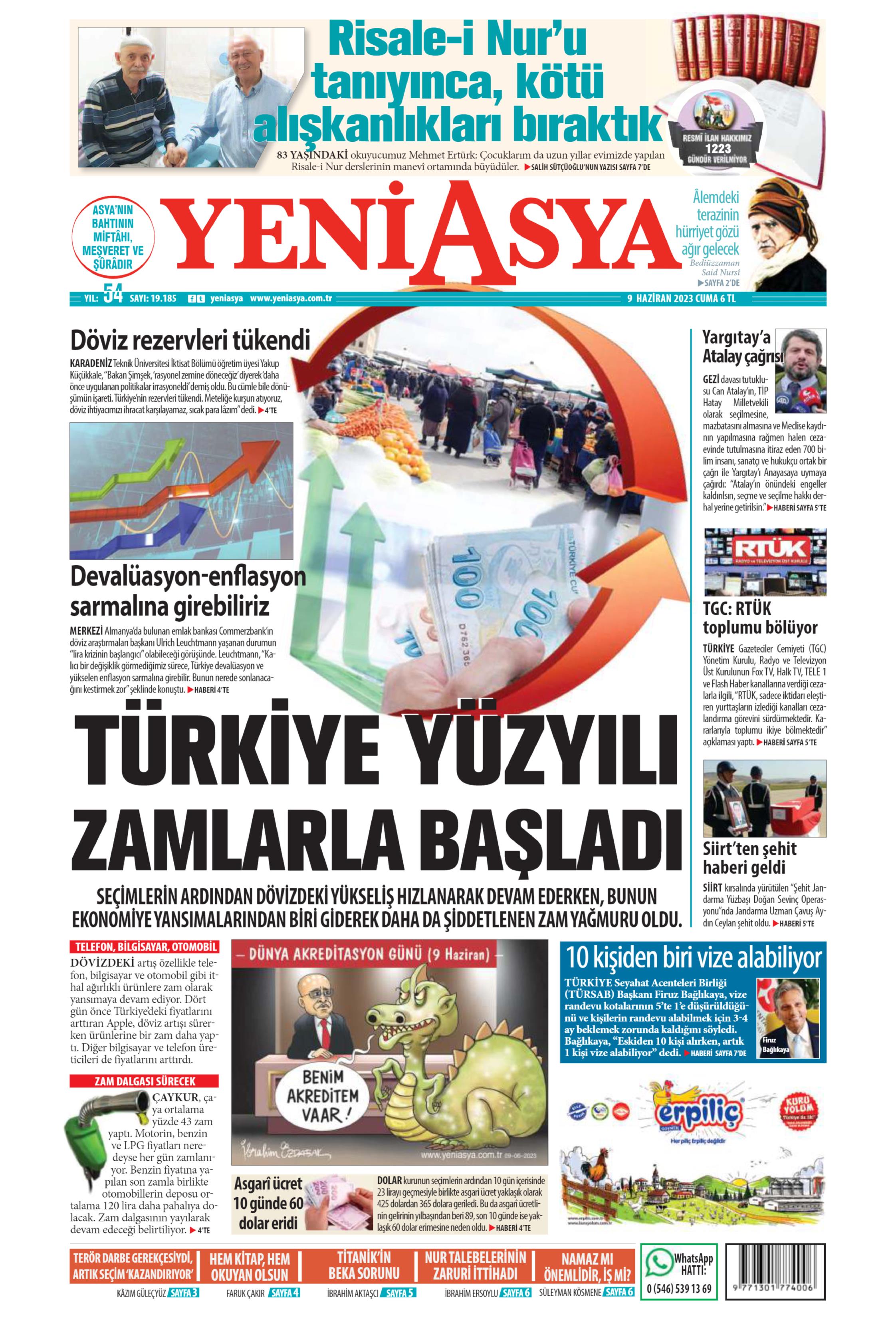 Yeni Asya Gazetesi 9 Haziran 2023 Cuma Günü Manşeti