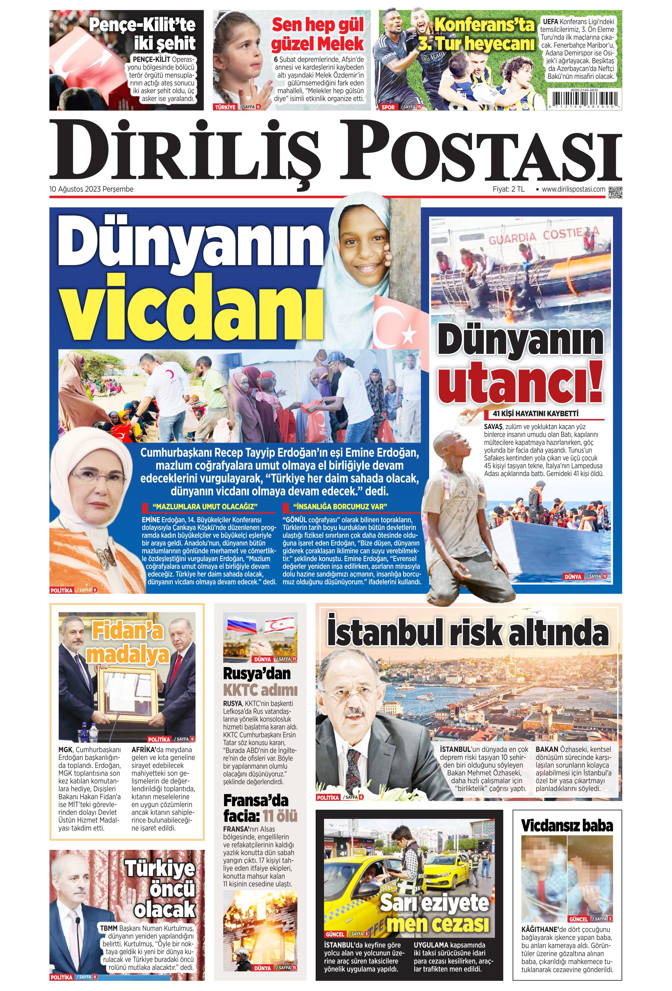 Diriliş Postası Gazetesi 10 Ağustos 2023 Perşembe Günü Manşeti