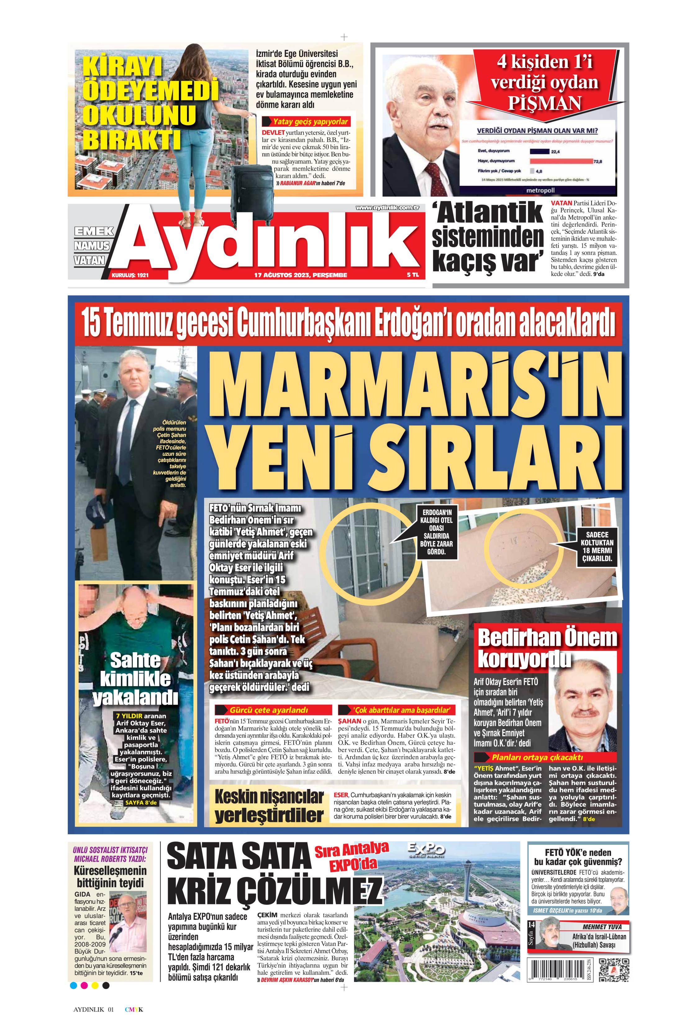 Aydınlık Gazetesi 17 Ağustos 2023 Perşembe Günü Manşeti