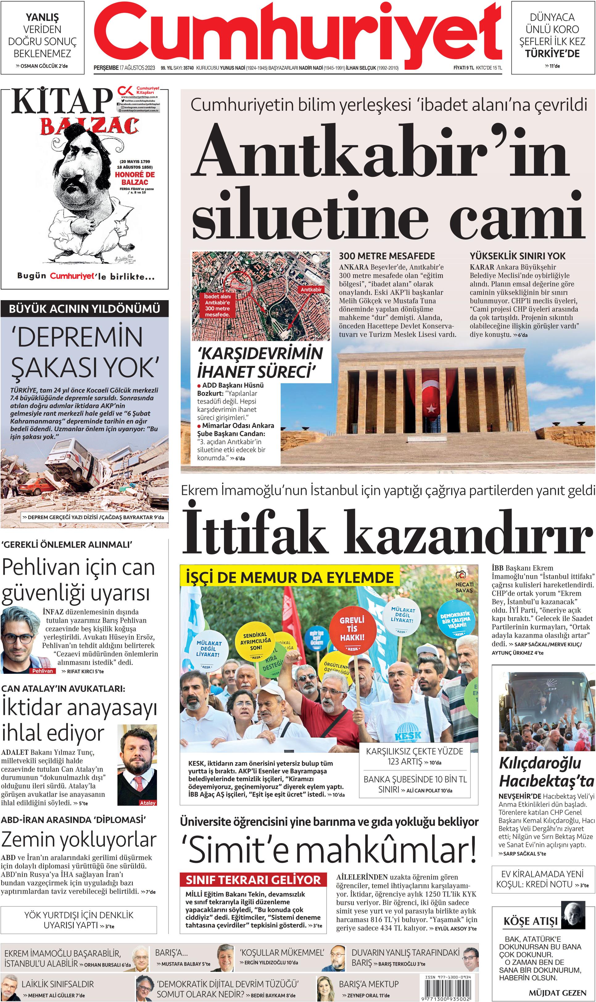 Cumhuriyet Gazetesi 17 Ağustos 2023 Perşembe Günü Manşeti