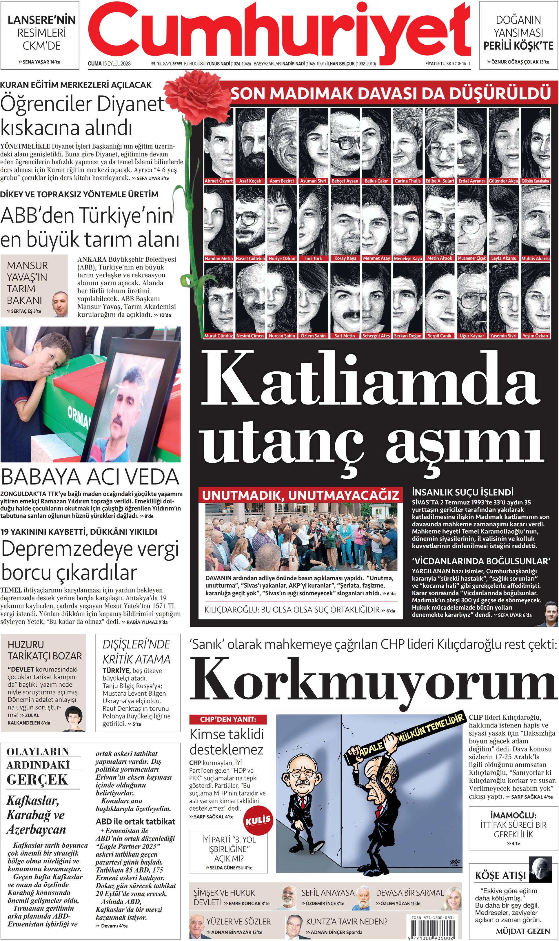 Cumhuriyet Gazetesi 15 Eylül 2023 Cuma Günü Manşeti