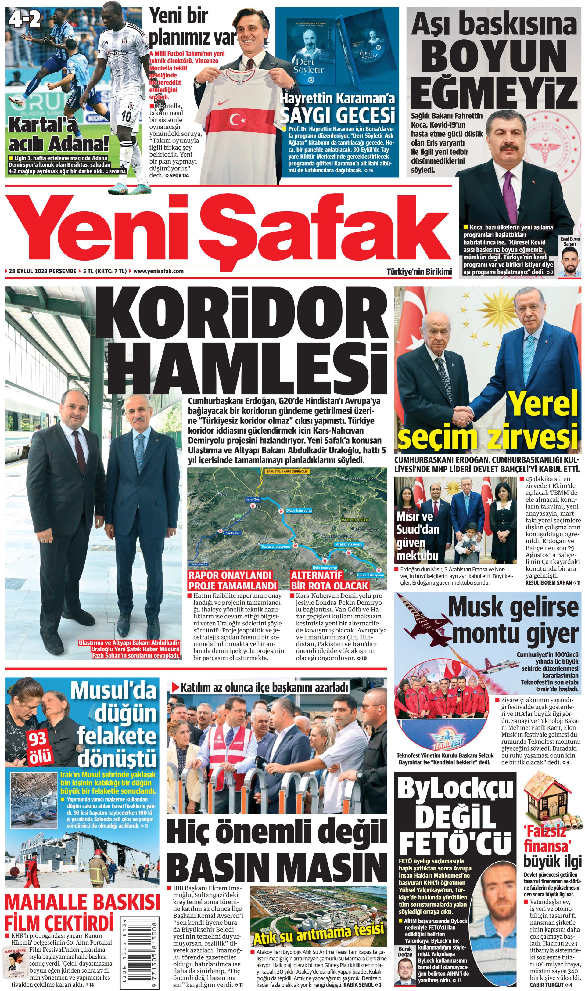 Yeni Şafak Gazetesi 28 Eylül 2023 Perşembe Günü Manşeti