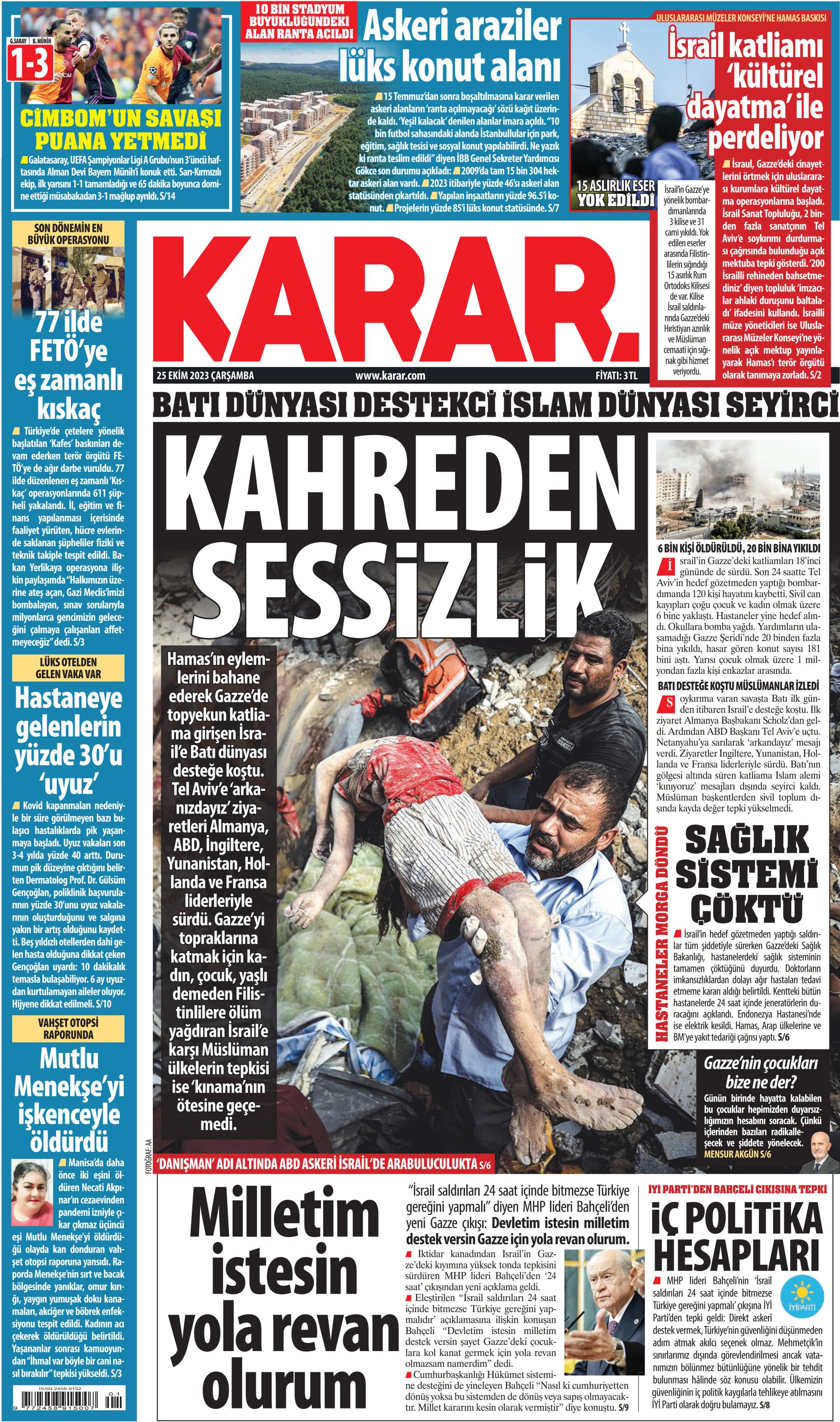 Karar Gazetesi 25 Ekim 2023 Çarşamba Günü Manşeti