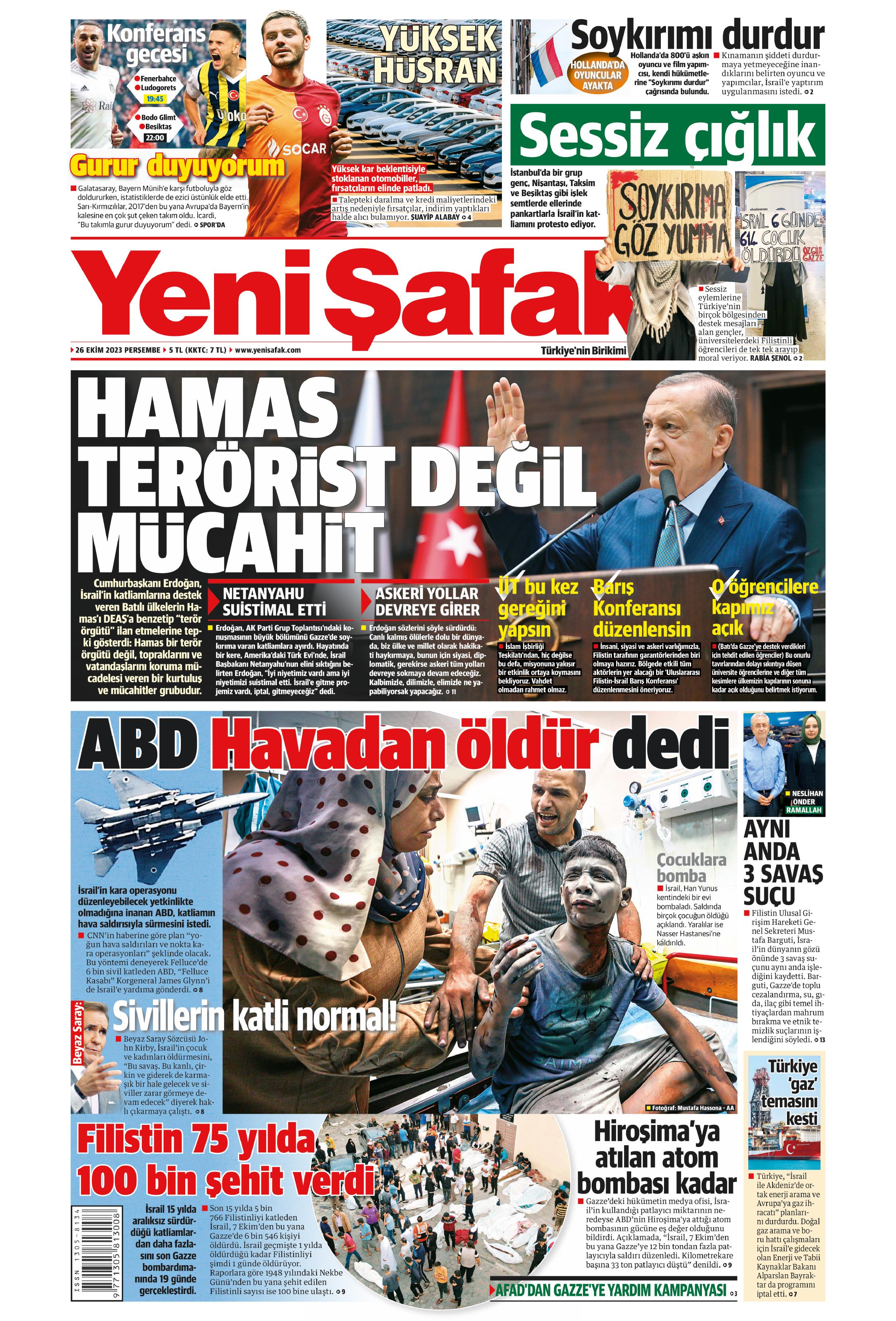 Yeni Şafak Gazetesi 26 Ekim 2023 Perşembe Günü Manşeti