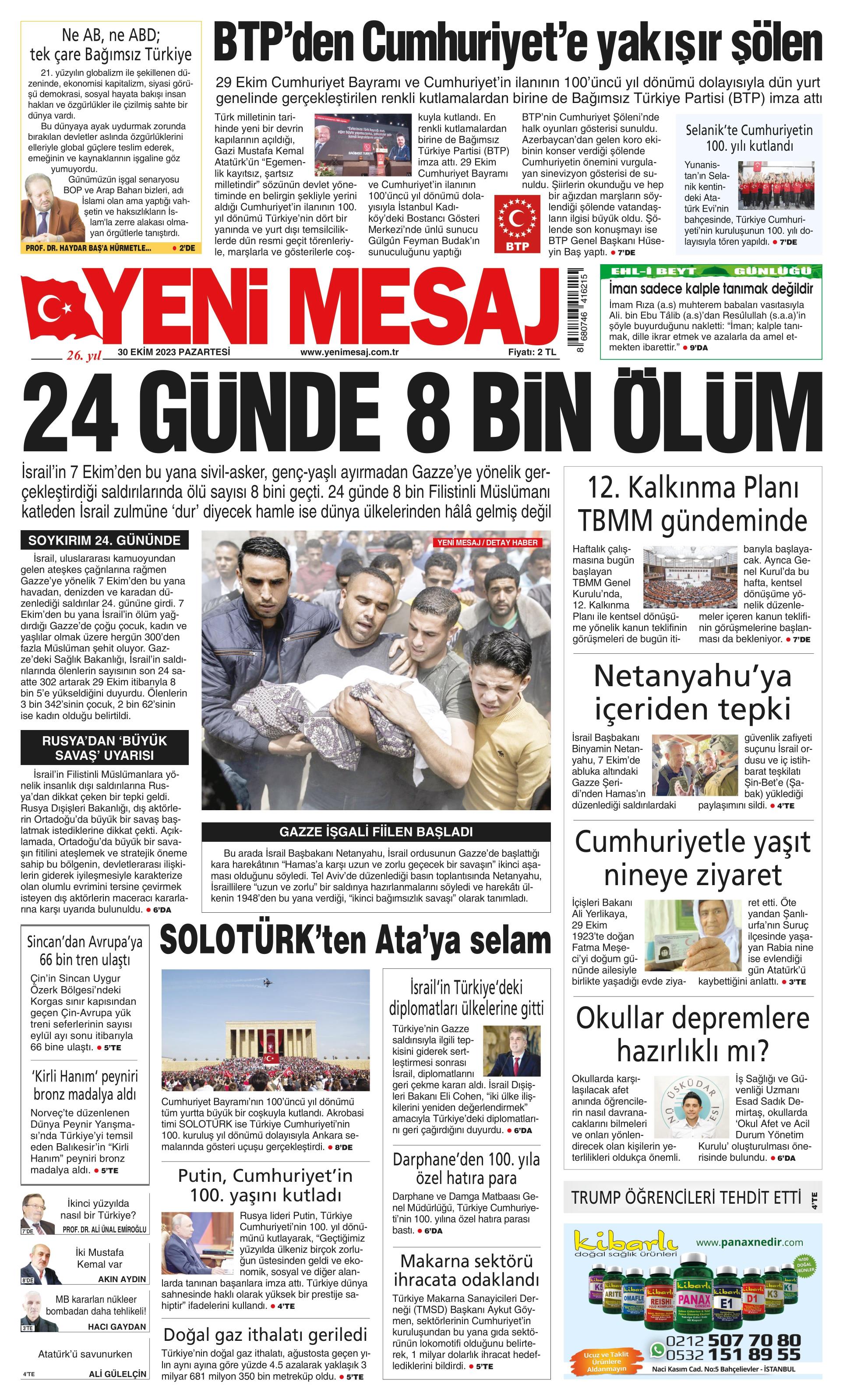 Yeni Mesaj Gazetesi 30 Ekim 2023 Pazartesi Günü Manşeti