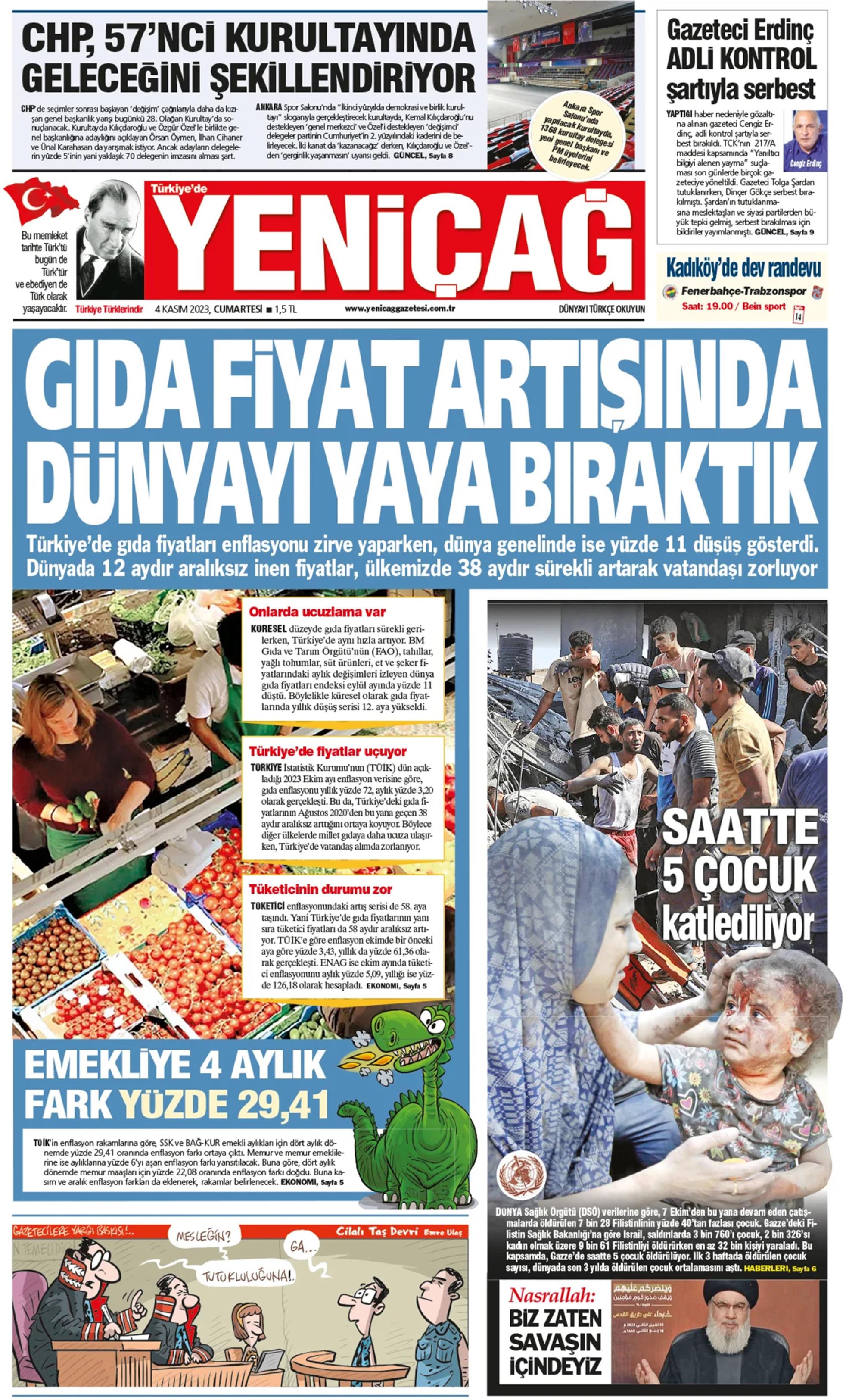 Türkiye de Yeni Çağ Gazetesi 4 Kasım 2023 Cumartesi Günü Manşeti