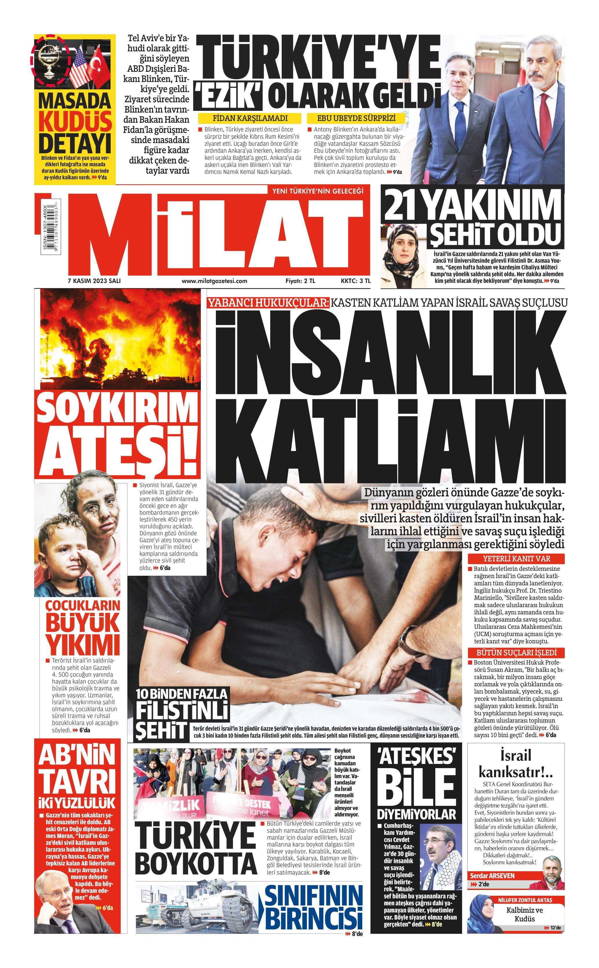 Milat Gazetesi 7 Kasım 2023 Salı Günü Manşeti