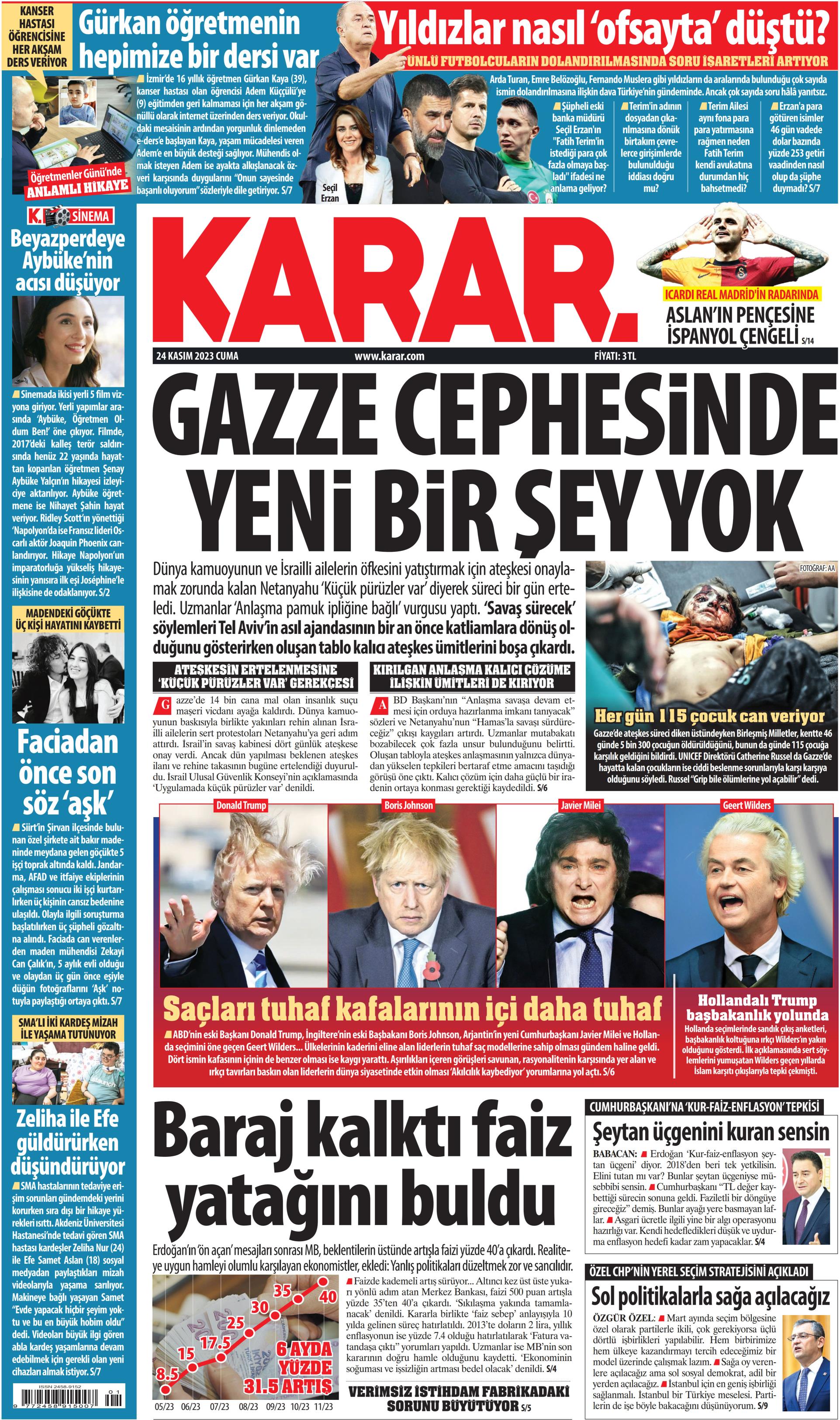 Karar Gazetesi 24 Kasım 2023 Cuma Günü Manşeti