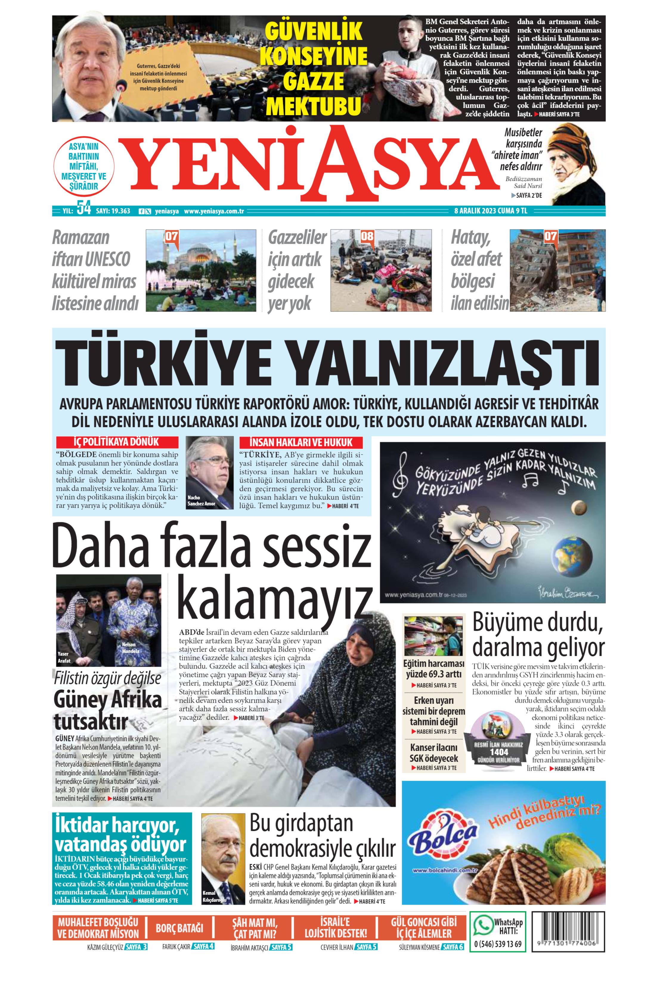 Yeni Asya Gazetesi 8 Aralık 2023 Cuma Günü Manşeti