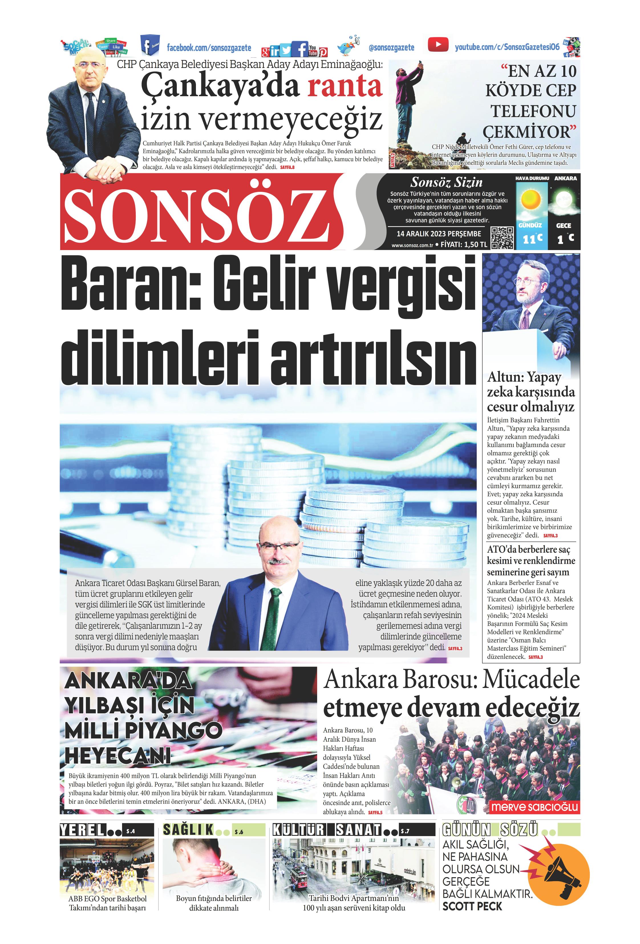 Sonsöz Gazetesi 14 Aralık 2023 Perşembe Günü Manşeti