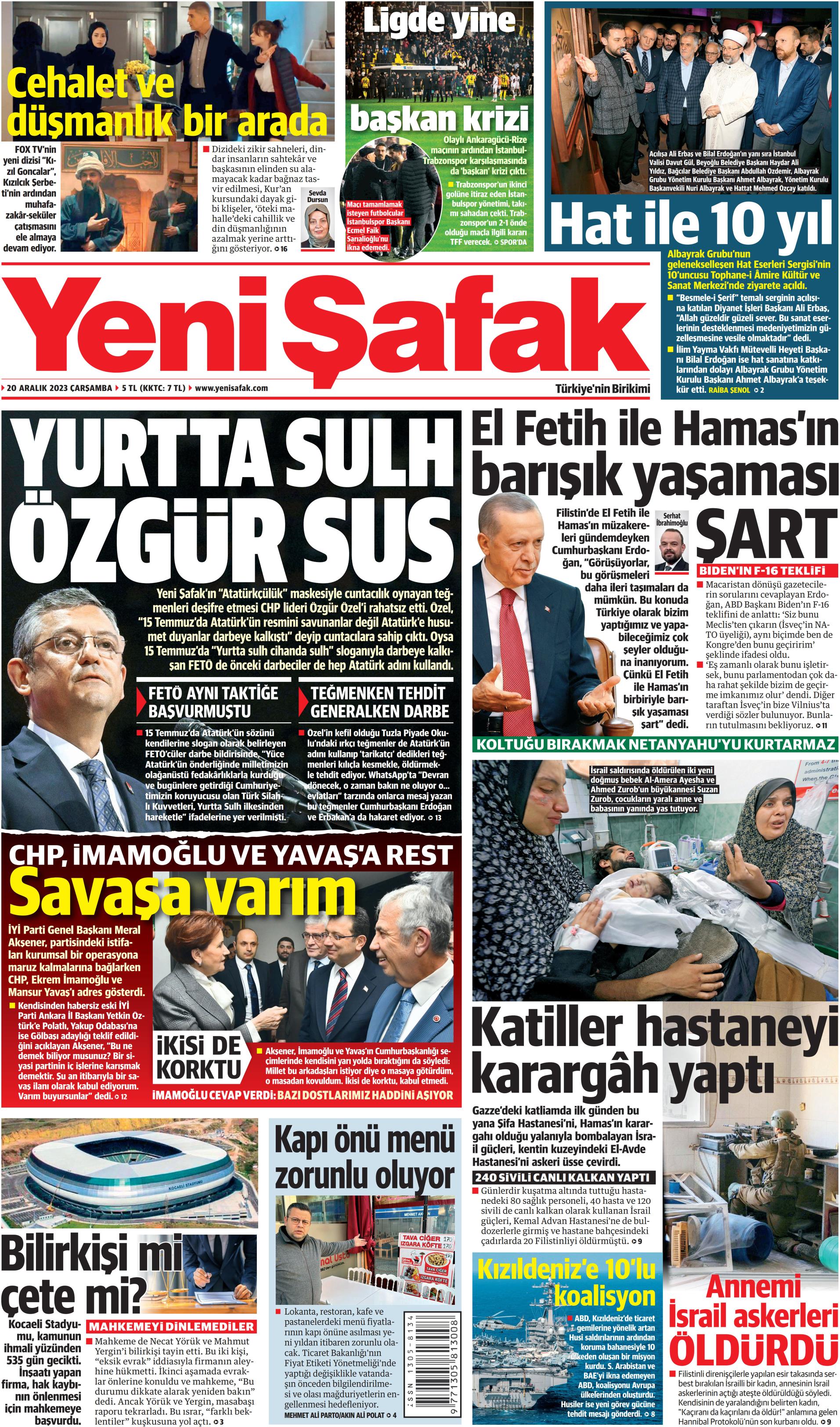 Yeni Şafak Gazetesi 20 Aralık 2023 Çarşamba Günü Manşeti