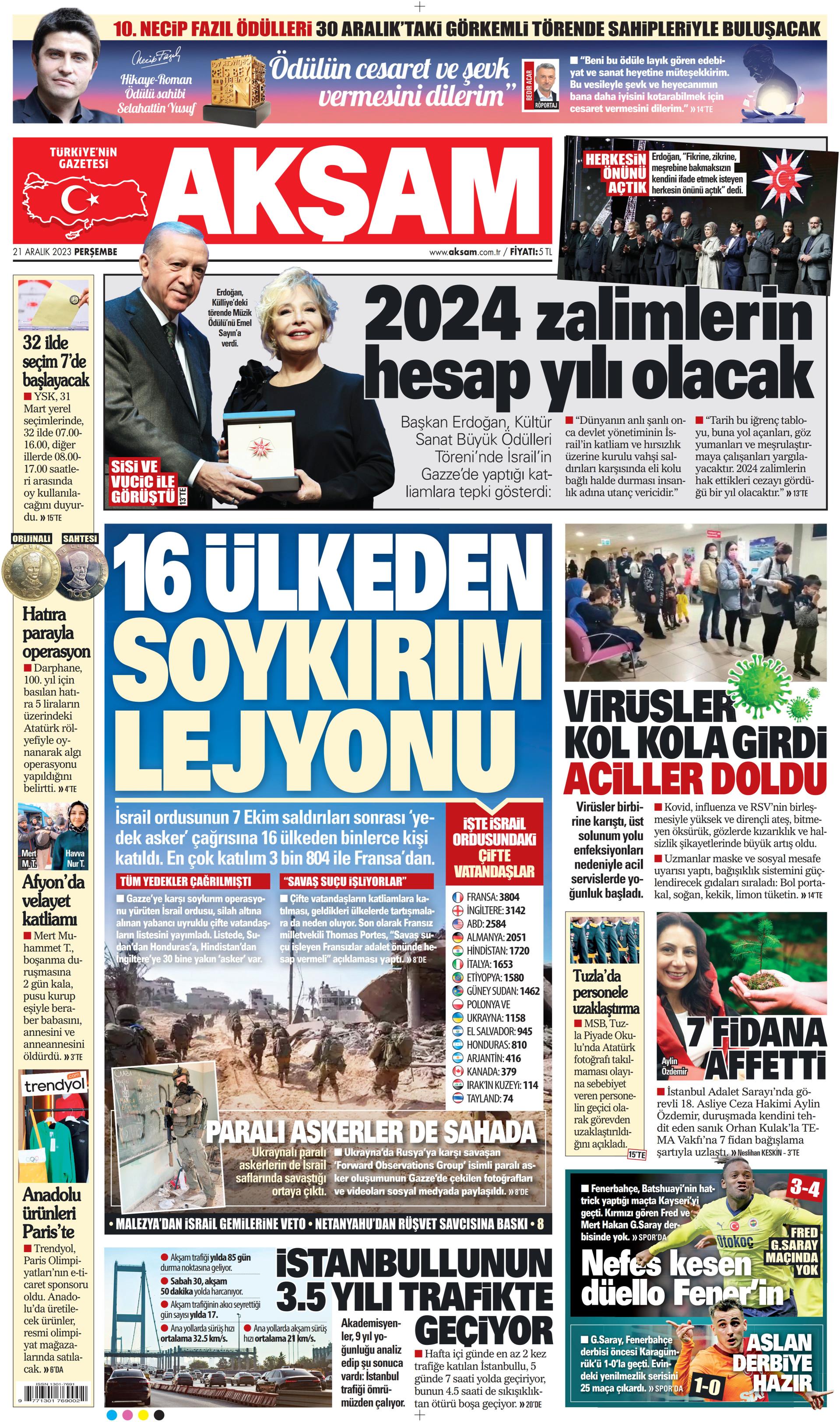 Akşam Gazetesi 21 Aralık 2023 Perşembe Günü Manşeti