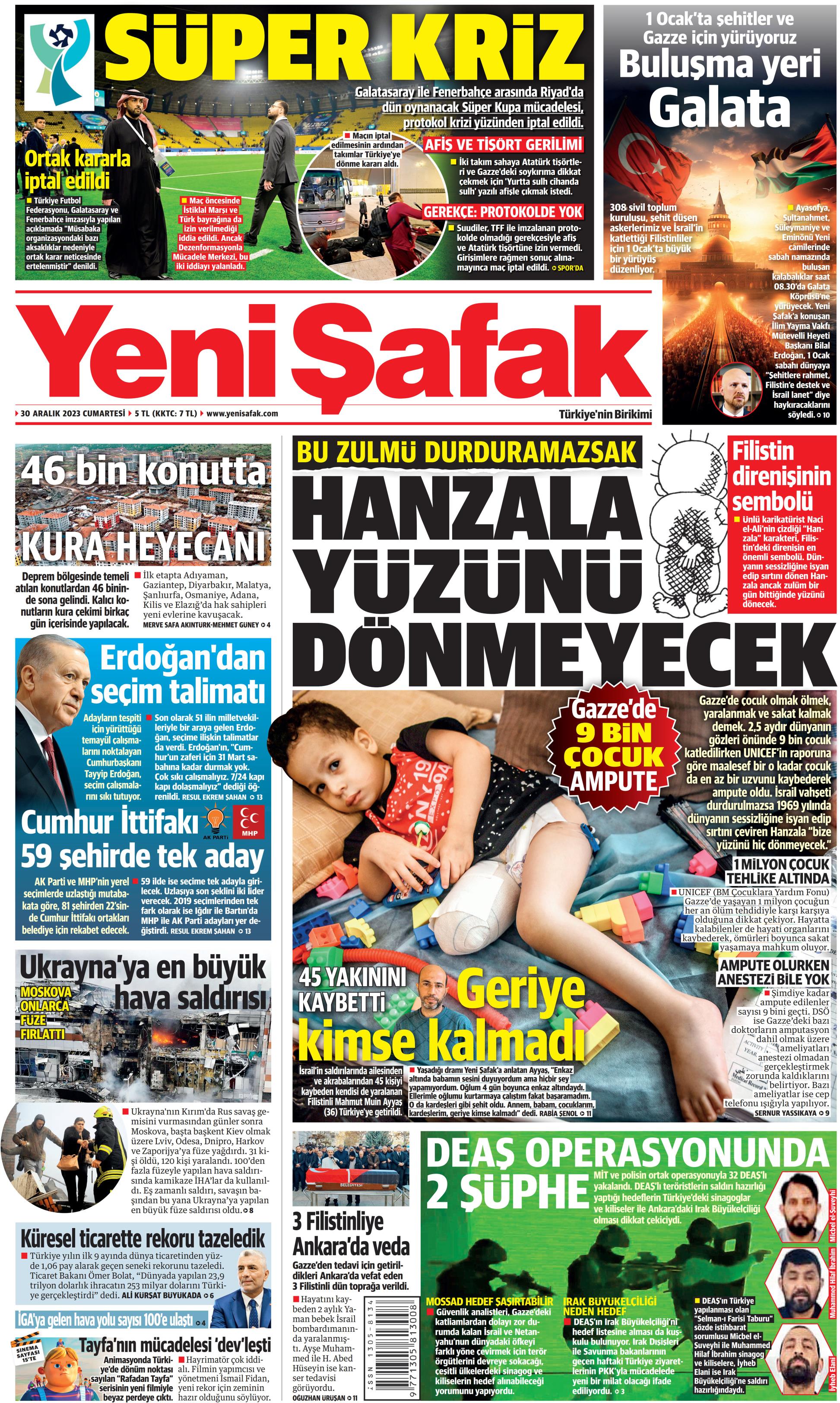 Yeni Şafak Gazetesi 30 Aralık 2023 Cumartesi Günü Manşeti