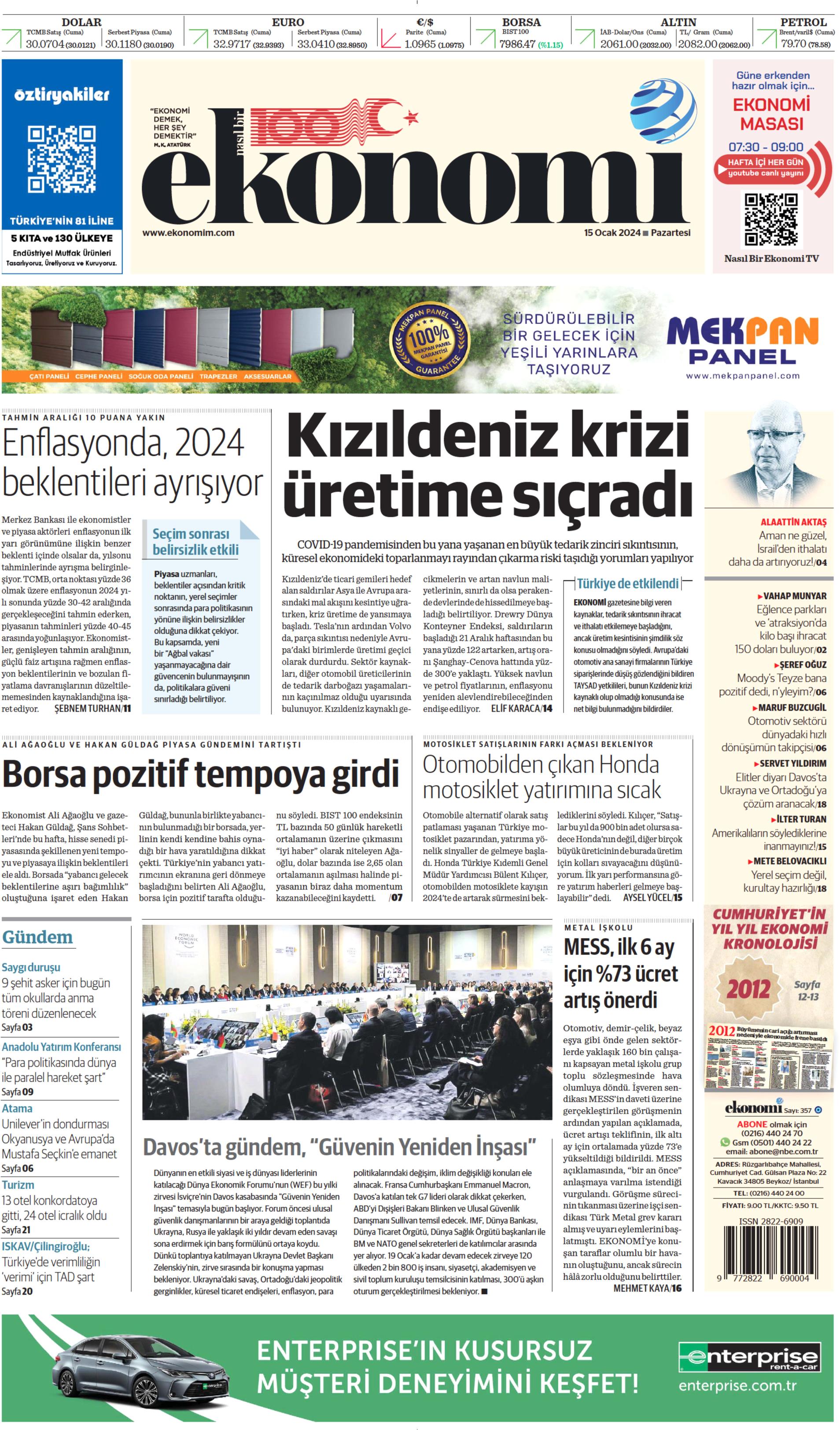 Nasıl Bir Ekonomi Gazetesi 15 Ocak 2024 Pazartesi Günü Manşeti