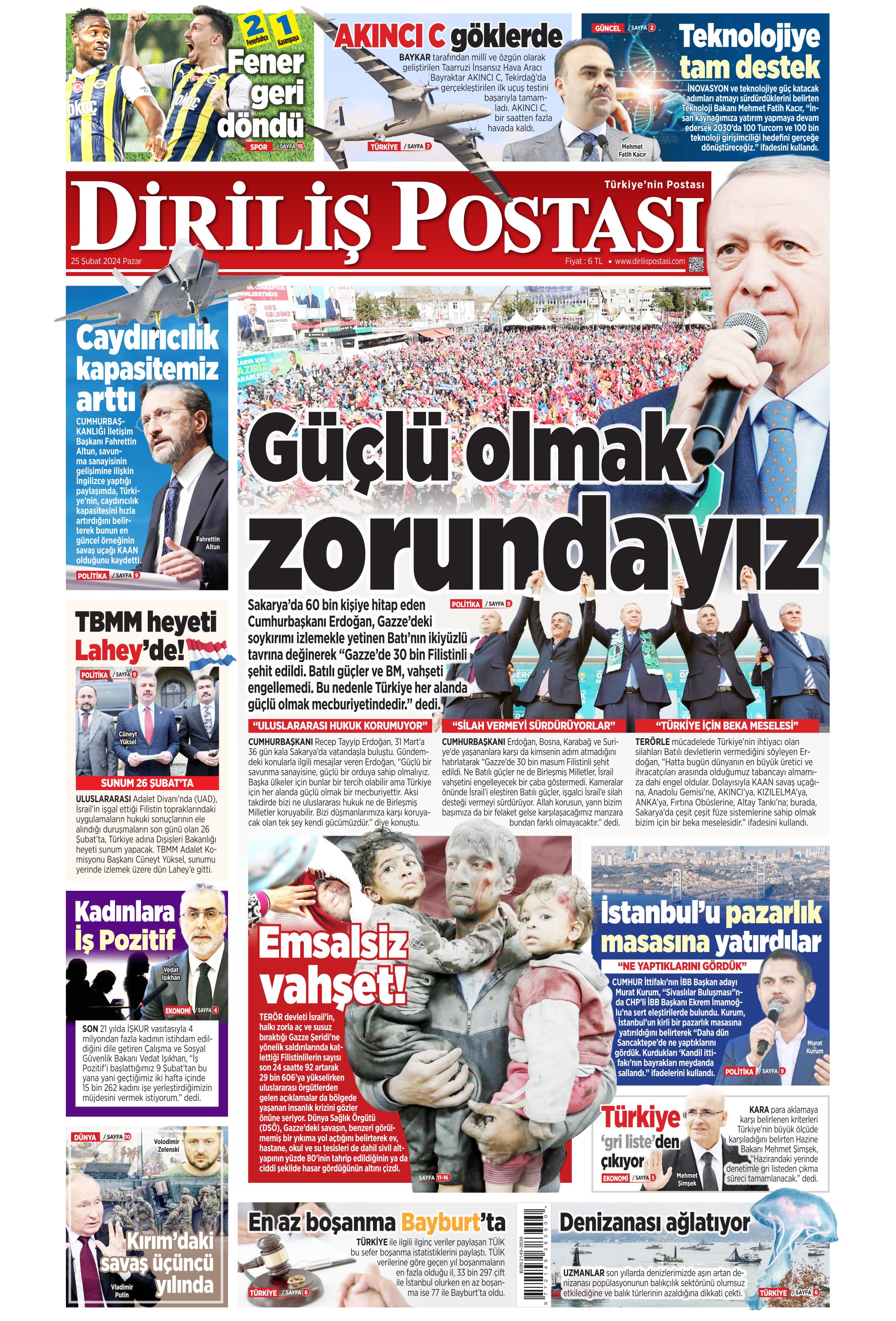 Diriliş Postası Gazetesi 25 Şubat 2024 Pazar Günü Manşeti