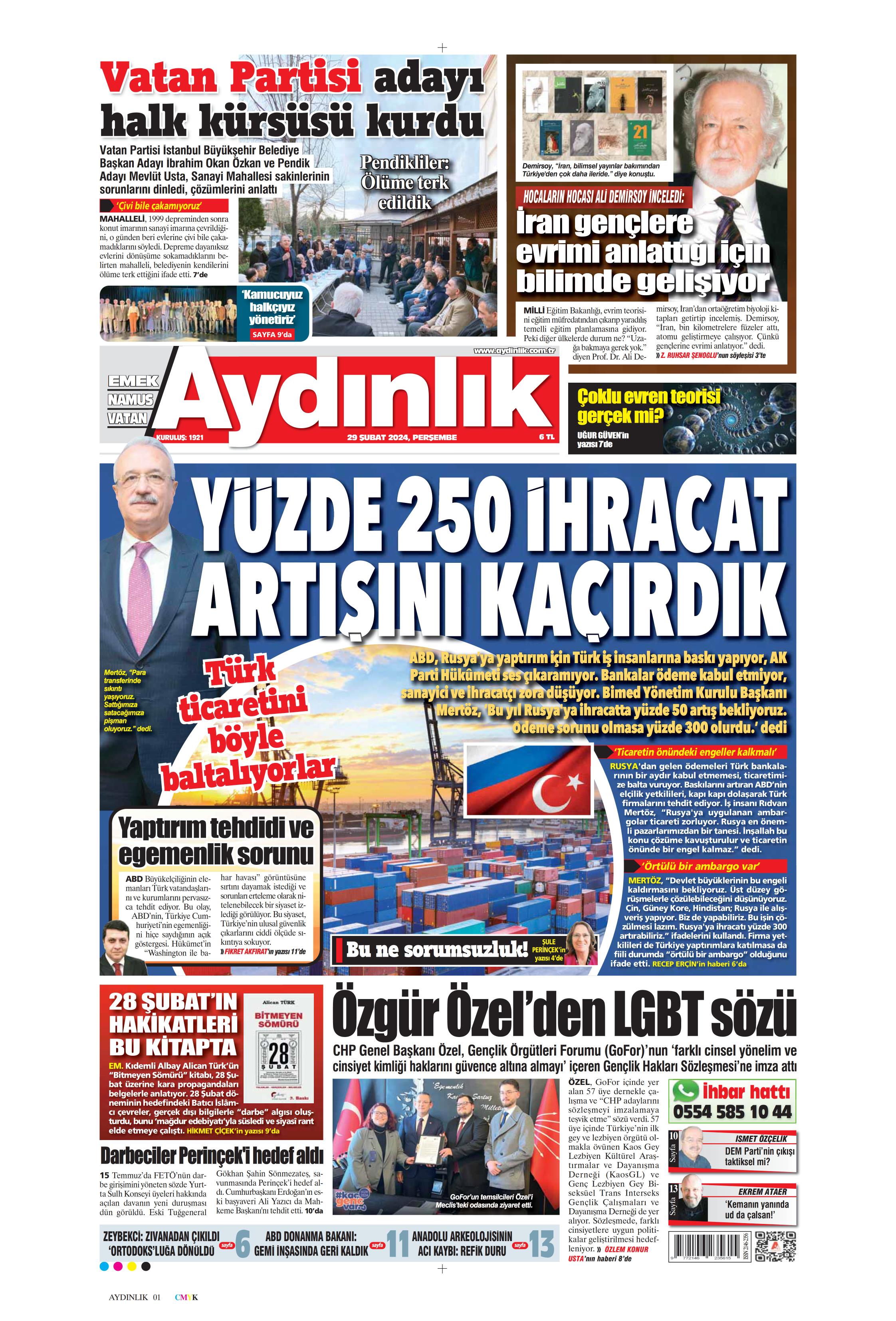 Aydınlık Gazetesi 29 Şubat 2024 Perşembe Günü Manşeti