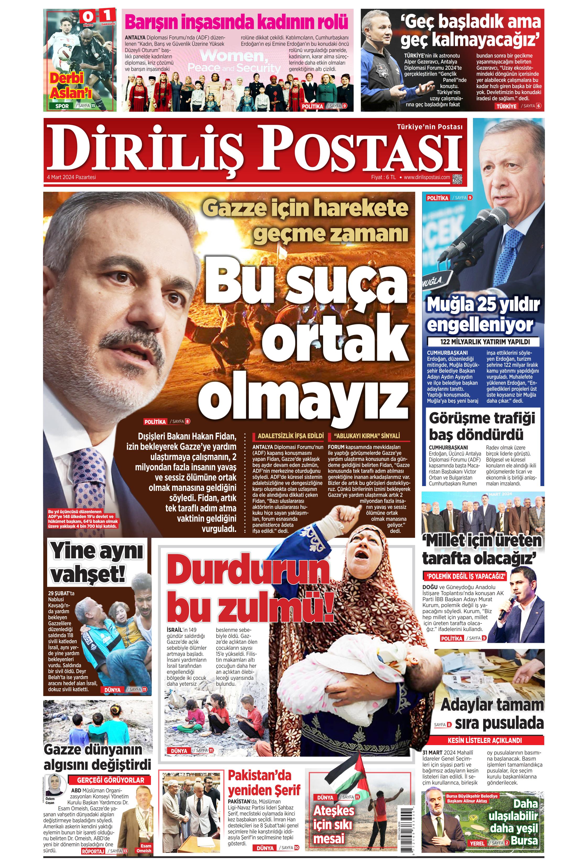 Diriliş Postası Gazetesi 4 Mart 2024 Pazartesi Günü Manşeti