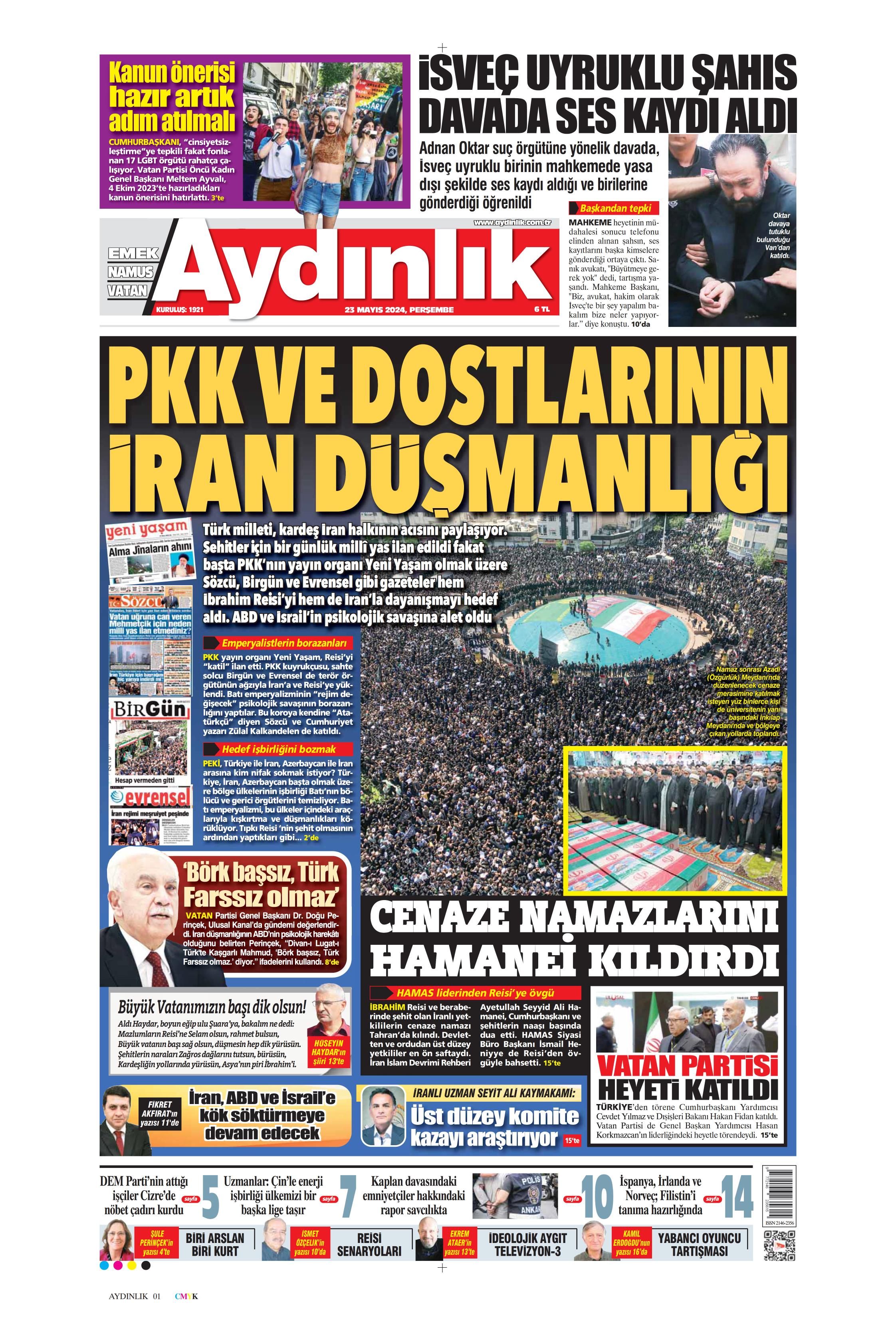 Aydınlık Gazetesi 23 Mayıs 2024 Perşembe Günü Manşeti