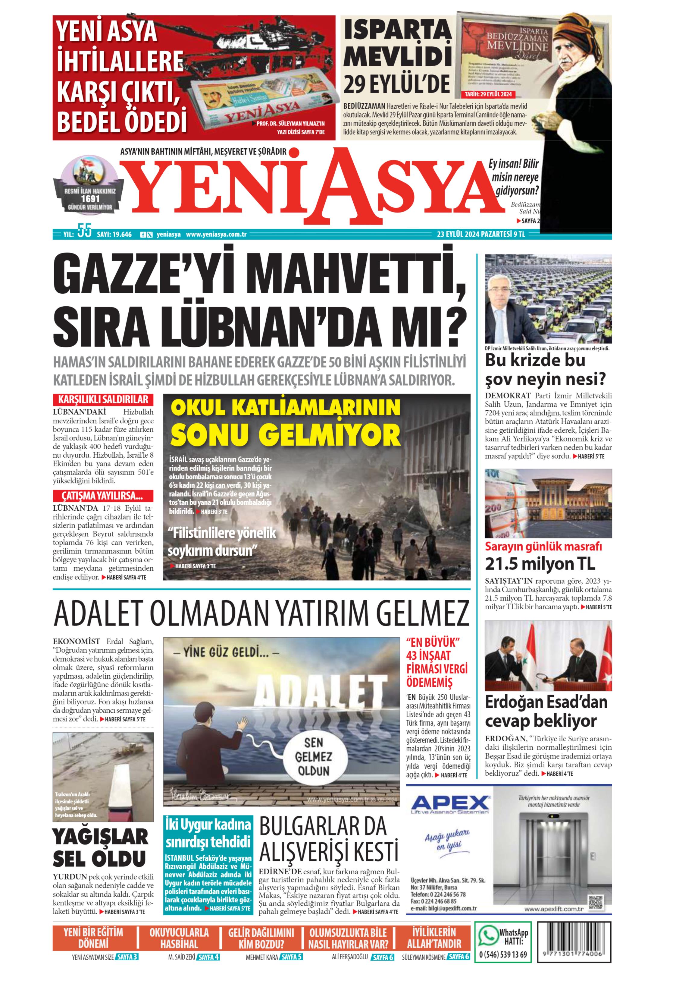 Yeni Asya Gazetesi 23 Eylül 2024 Pazartesi Günü Manşeti