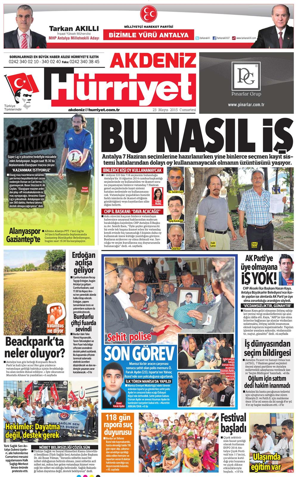 Hürriyet Akdeniz Gazetesi 23 Mayıs 2015 Manşeti