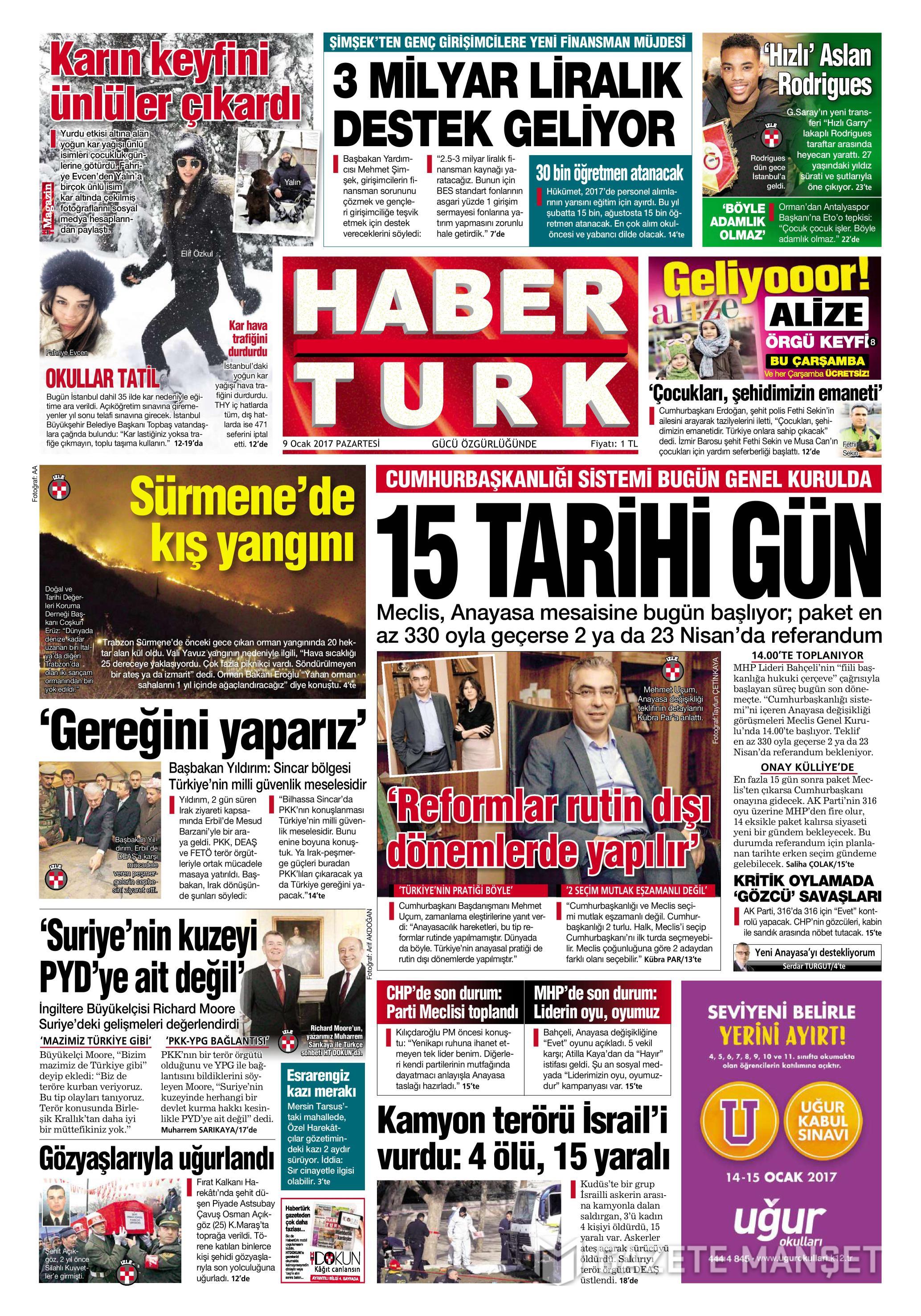 Habertürk Gazetesi 9 Ocak 2017, Pazartesi Günü Manşeti