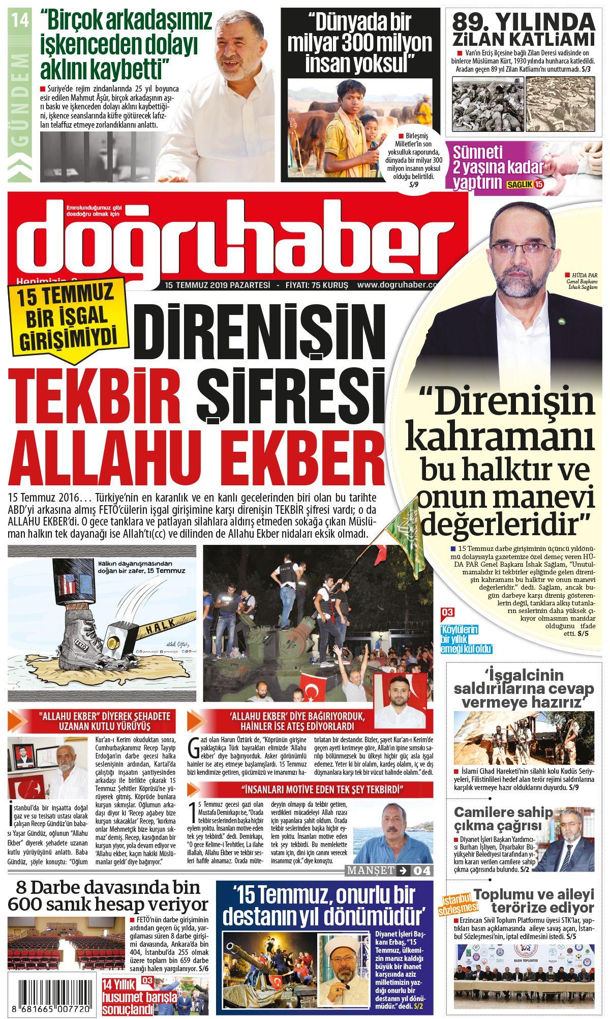 Doğru Haber Gazetesi 15 Temmuz 2019, Pazartesi Günü Manşeti