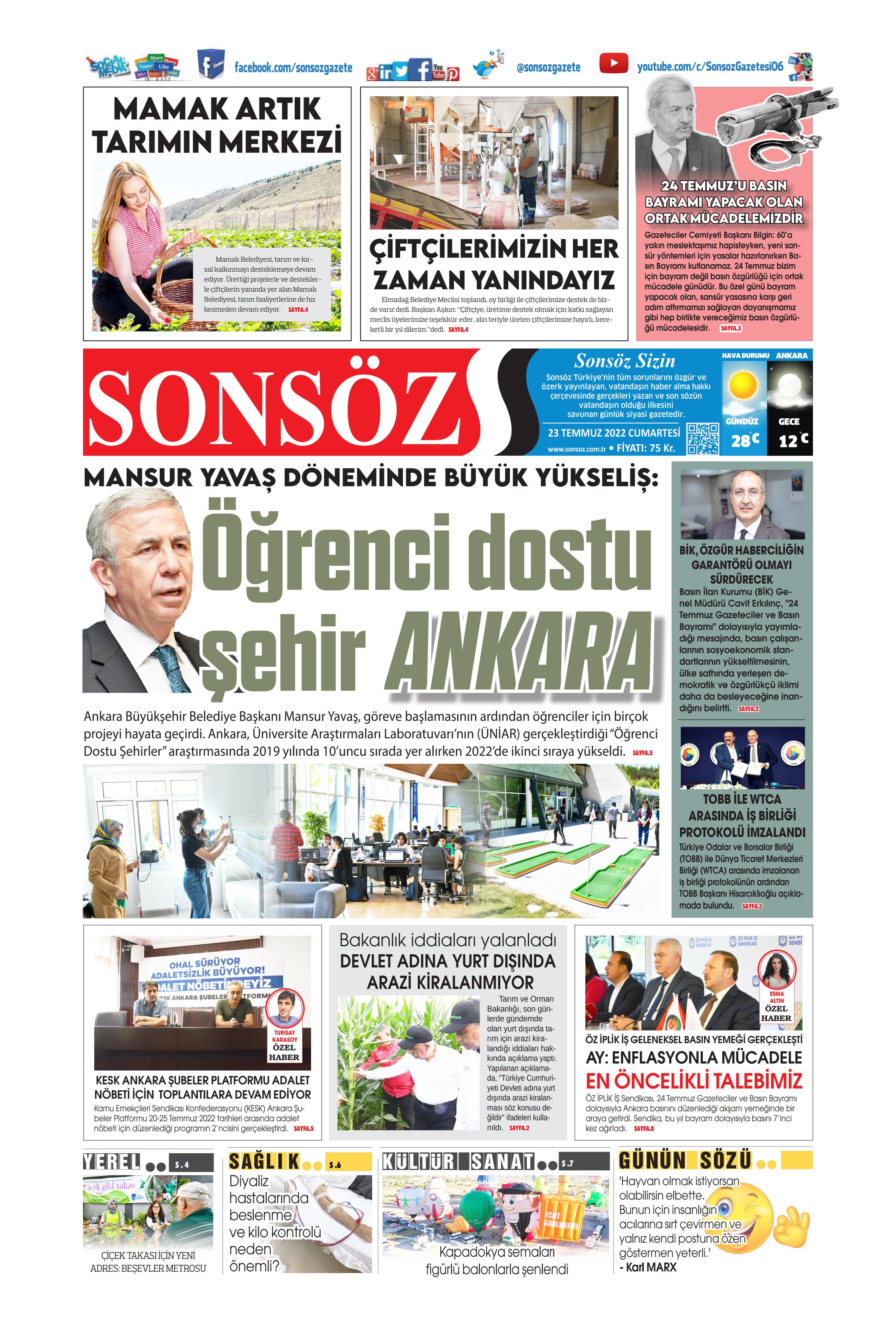 Sonsöz Gazetesi 23 Temmuz 2022 Cumartesi Günü Manşeti 6427