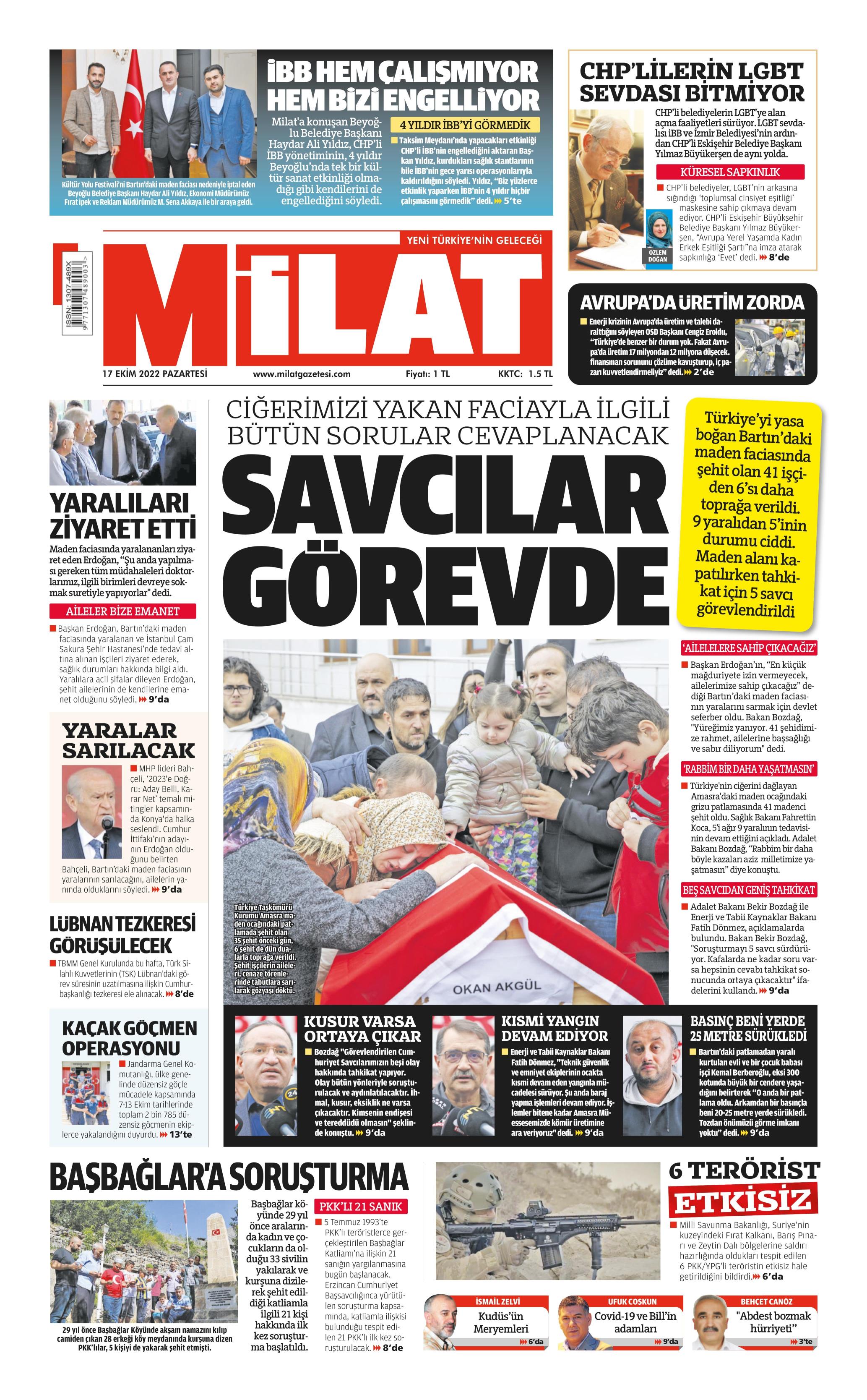 Milat Gazetesi 17 Ekim 2022, Pazartesi Günü Manşeti