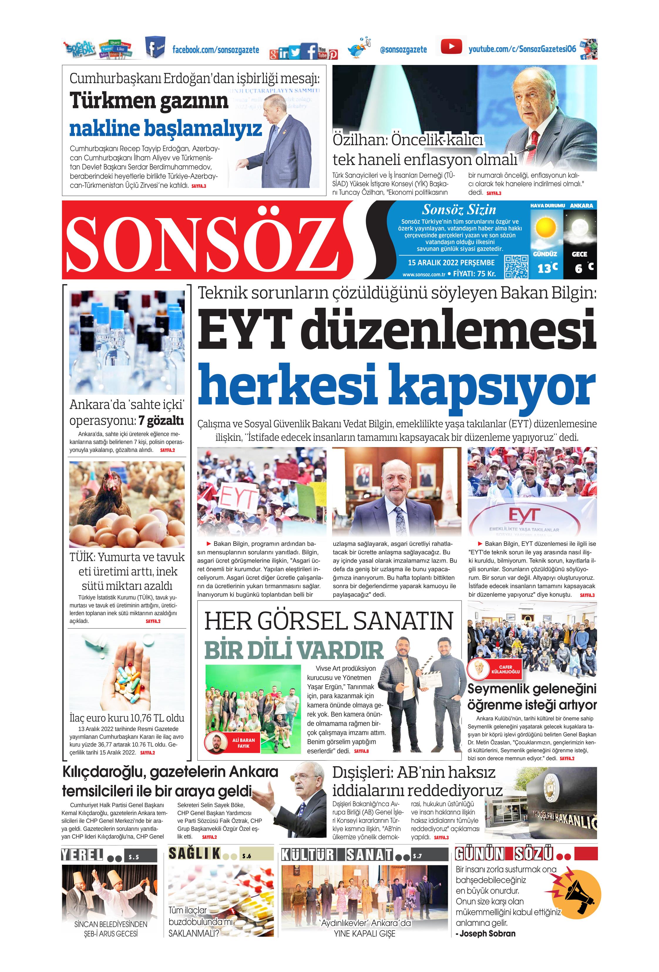 Sonsöz Gazetesi 15 Aralık 2022 Perşembe Günü Manşeti 3468