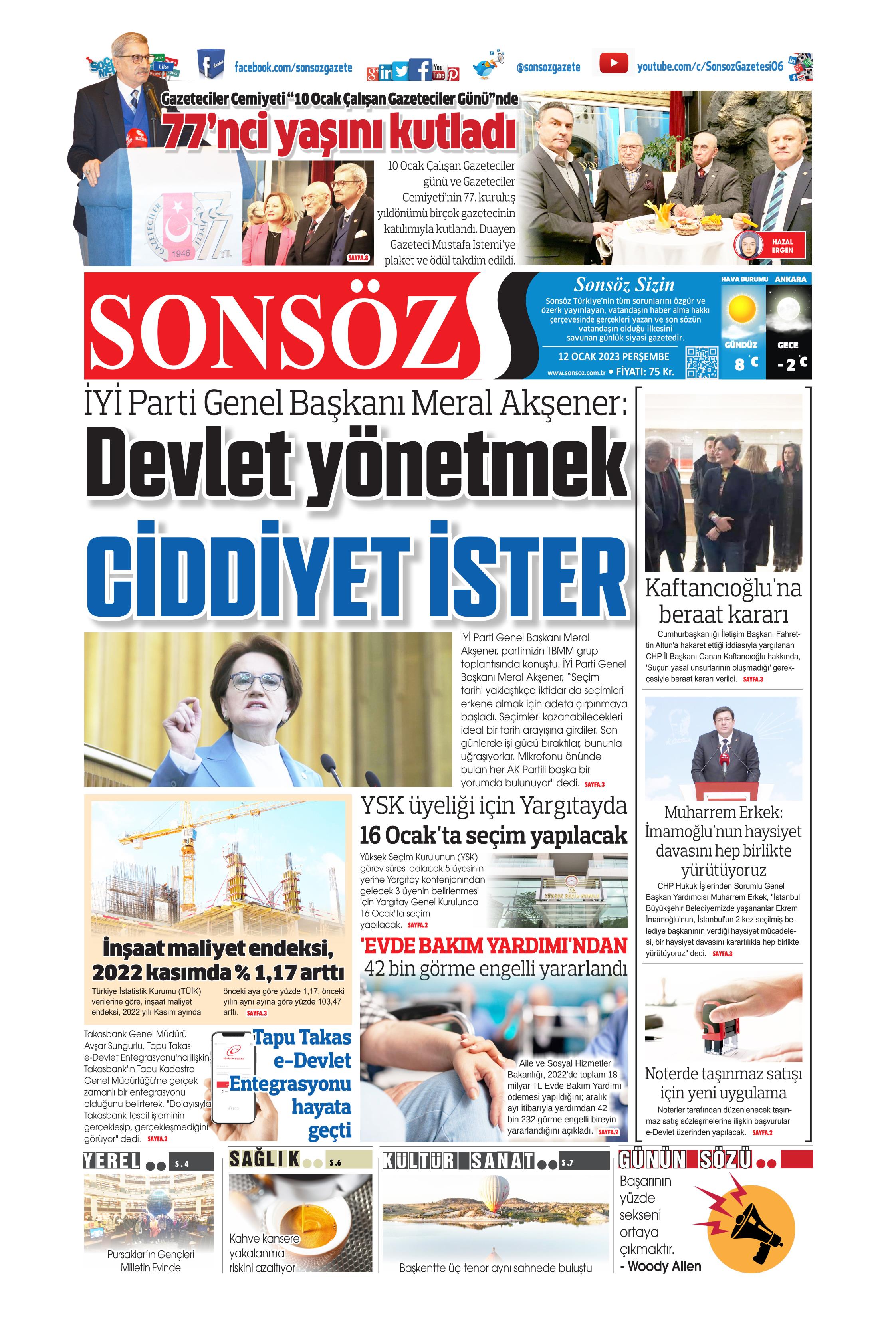 Sonsöz Gazetesi 12 Ocak 2023 Perşembe Günü Manşeti 1496