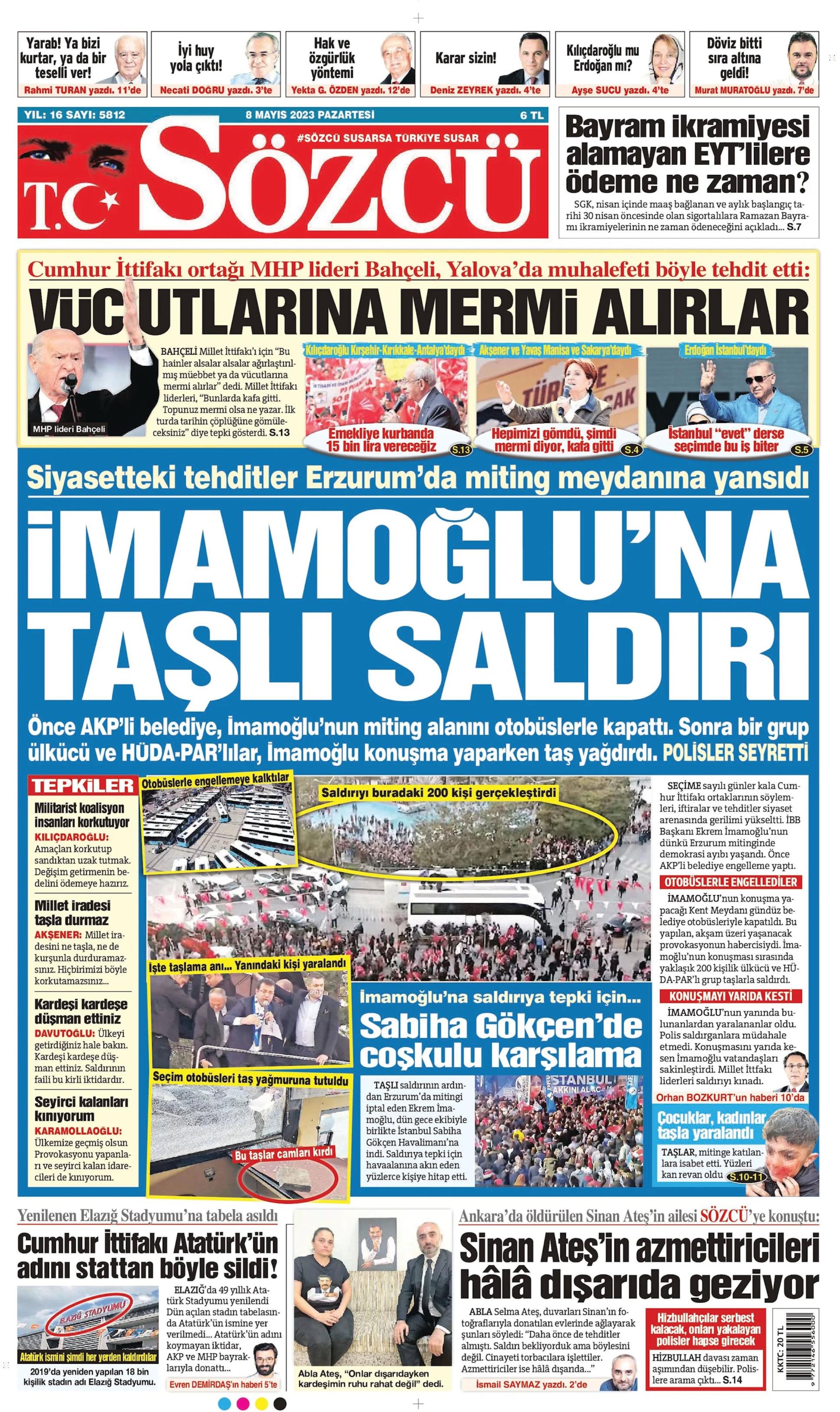 Sözcü Gazetesi 8 Mayıs 2023, Pazartesi Günü Manşeti