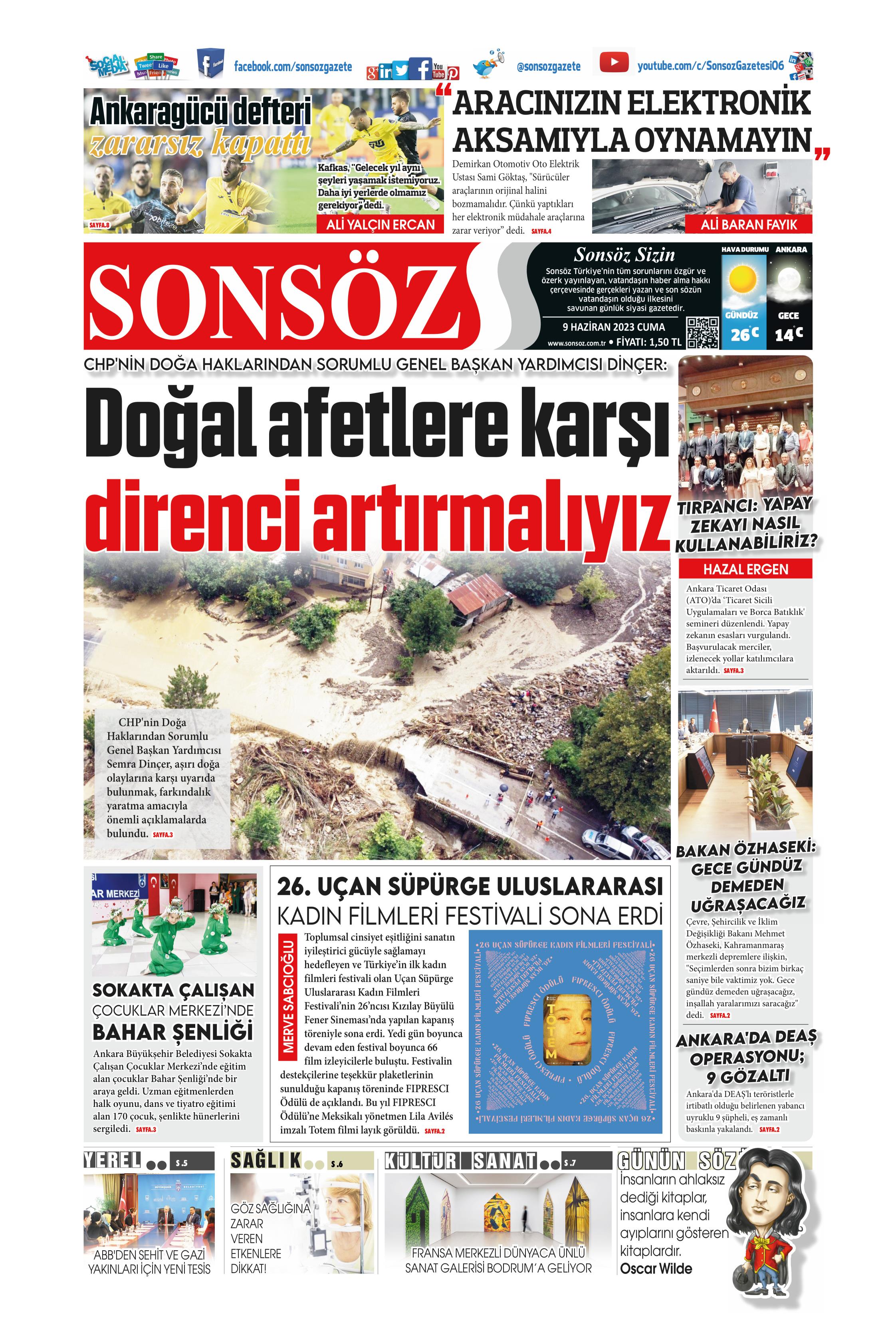 Sonsöz Gazetesi 9 Haziran 2023, Cuma Günü Manşeti