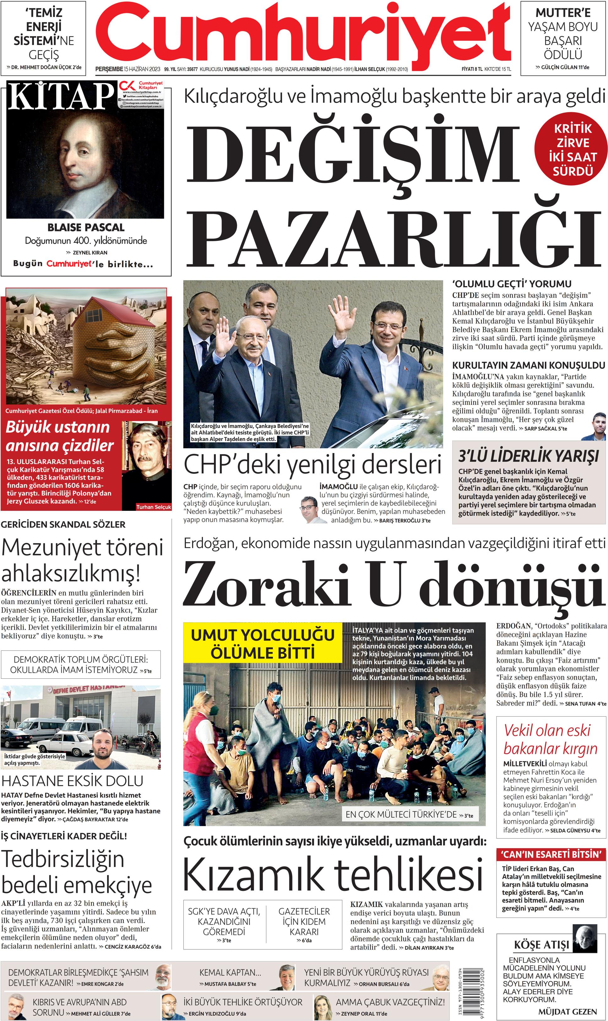 Cumhuriyet Gazetesi 15 Haziran 2023, Perşembe Günü Manşeti