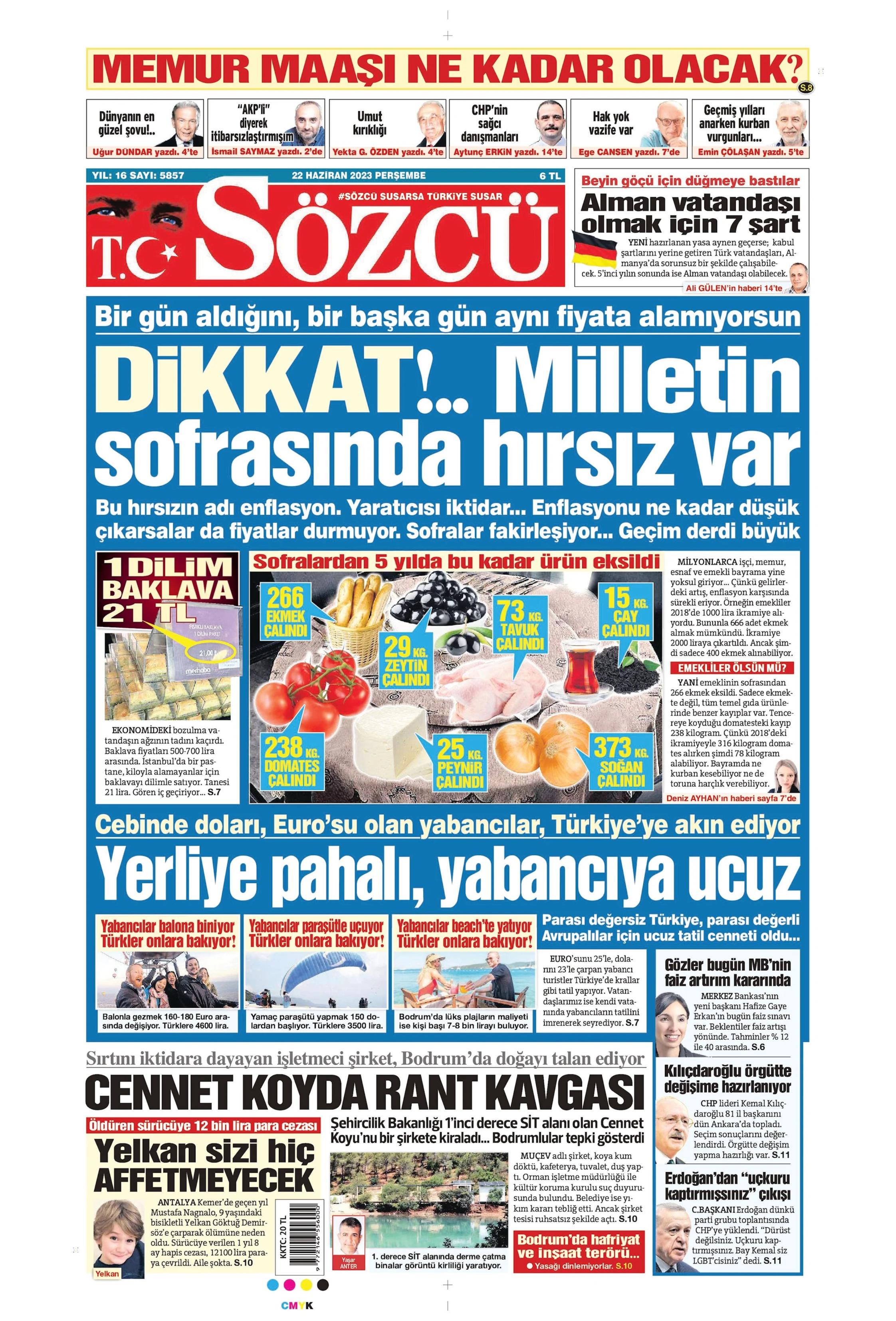 Sözcü Gazetesi 22 Haziran 2023, Perşembe Günü Manşeti