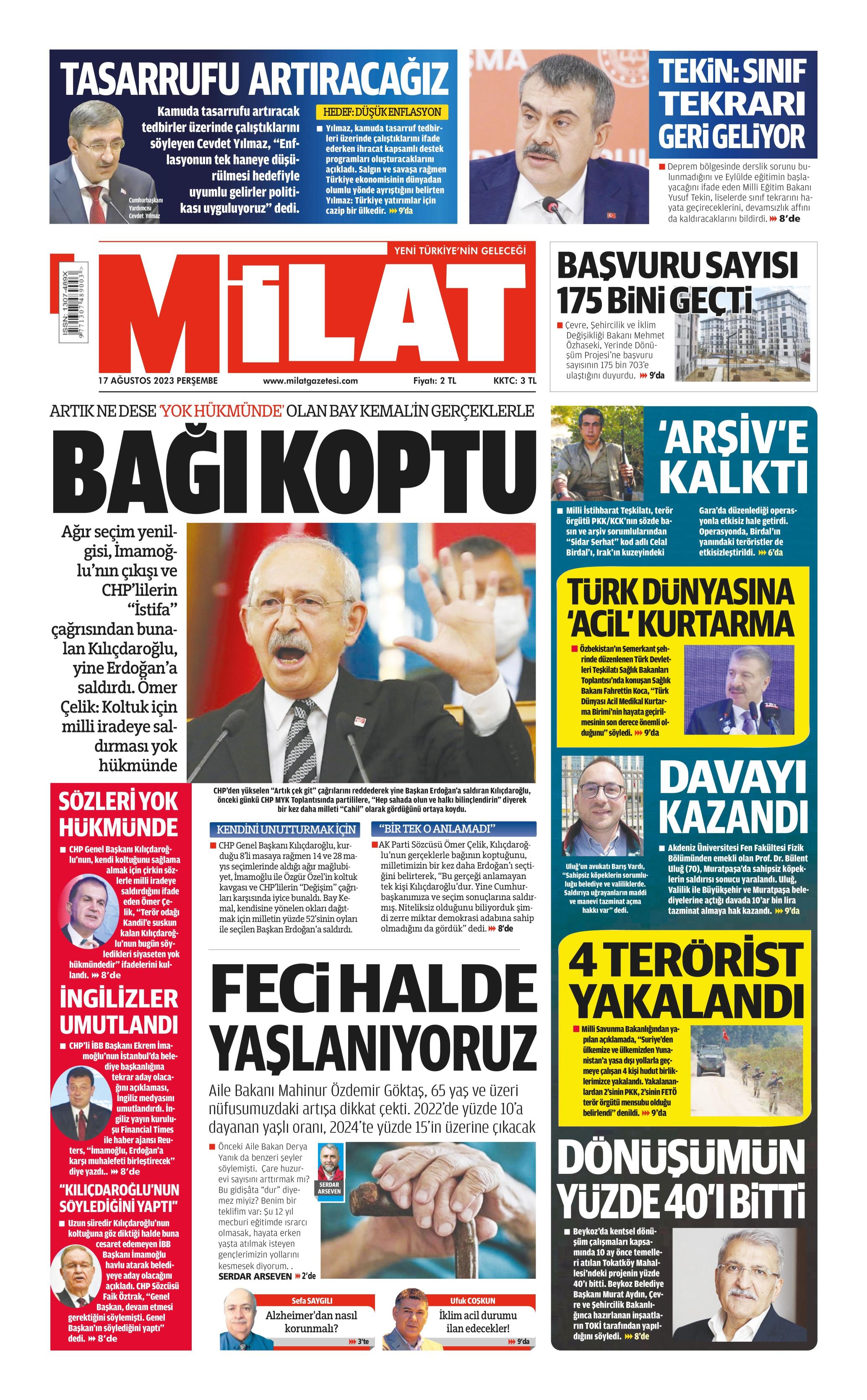 Milat Gazetesi 17 Ağustos 2023, Perşembe Günü Manşeti