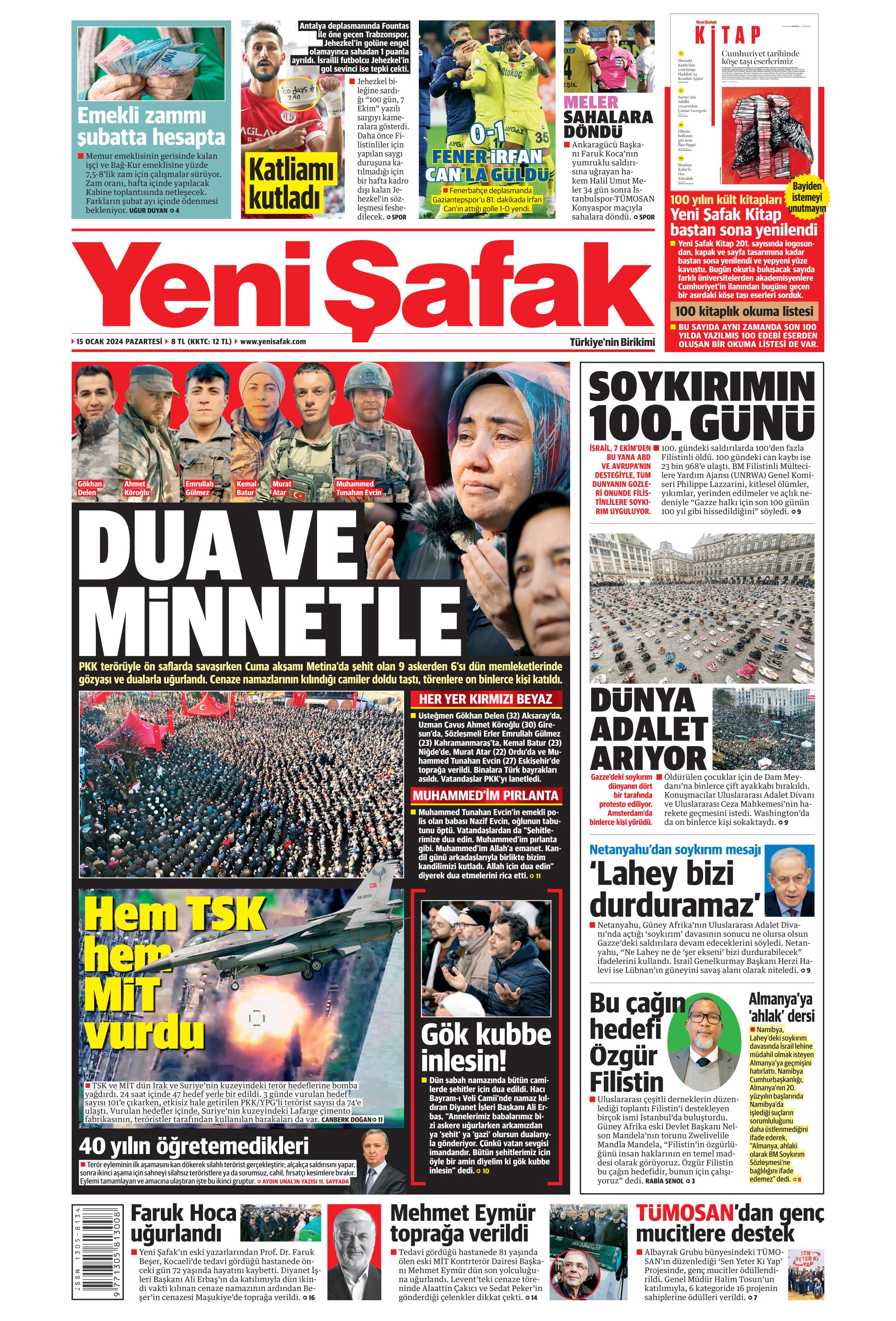 Yeni Şafak Gazetesi 15 Ocak 2024, Pazartesi Günü Manşeti