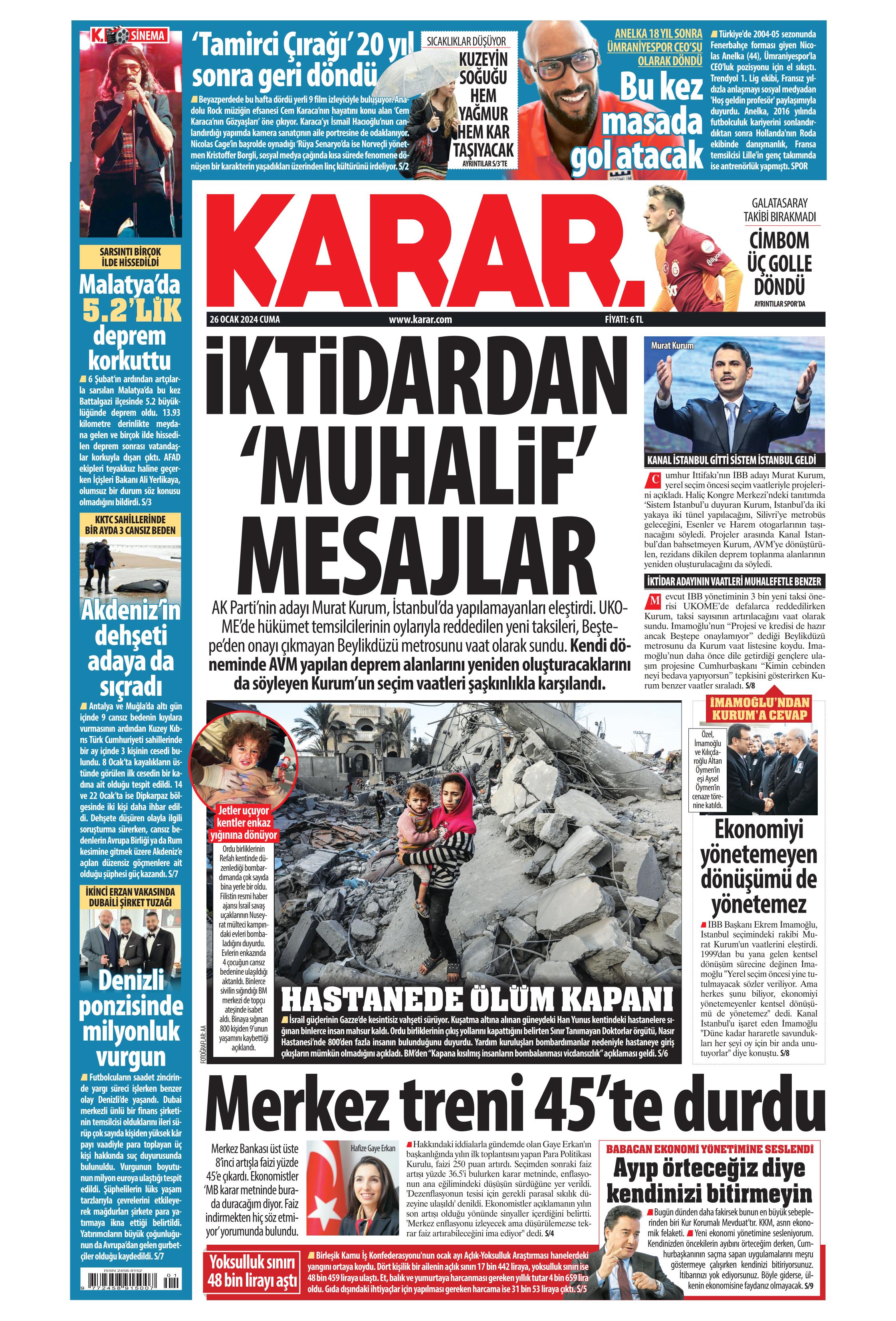 Karar Gazetesi 26 Ocak 2024, Cuma Günü Manşeti