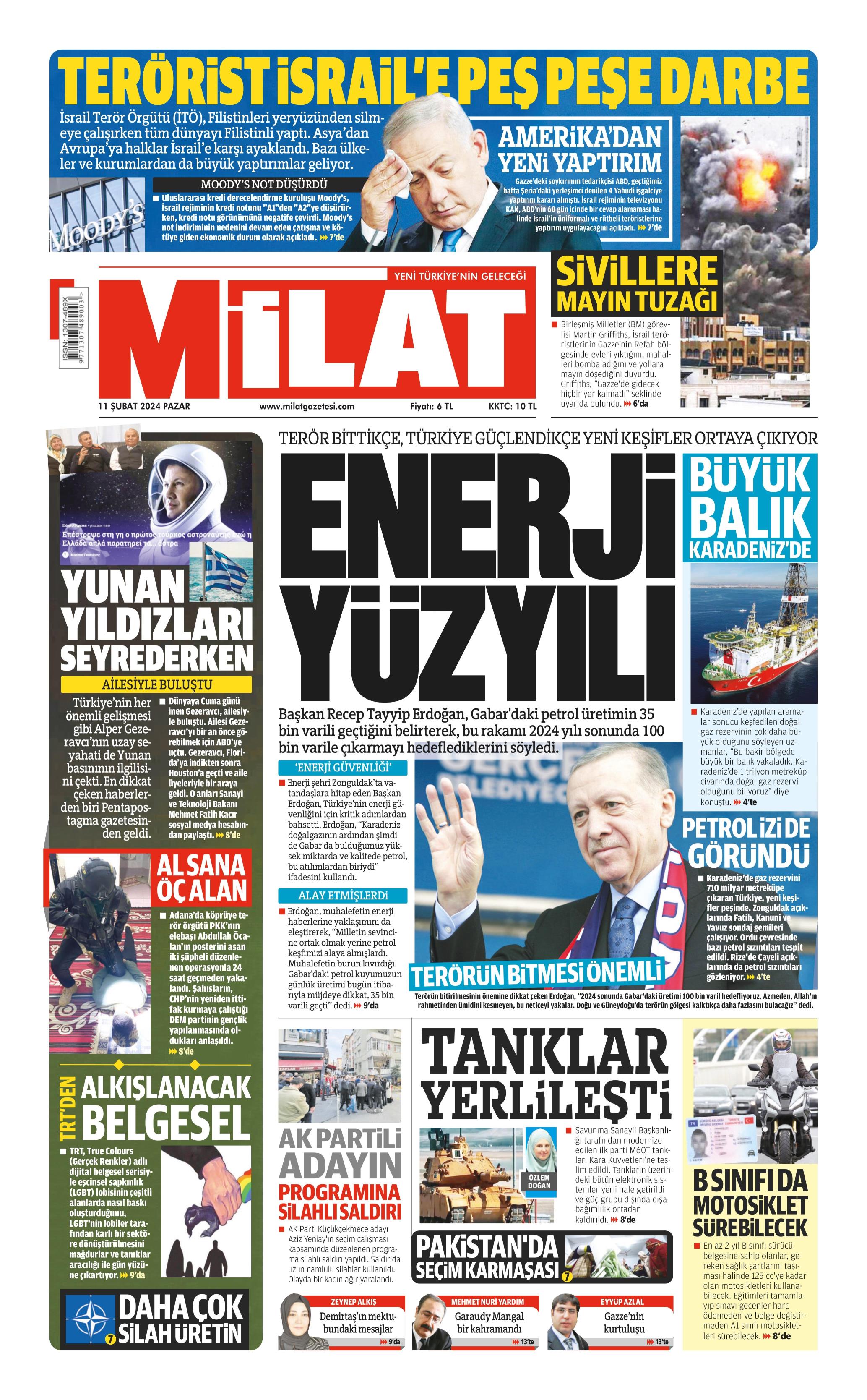 Milat Gazetesi 11 Şubat 2024, Pazar Günü Manşeti