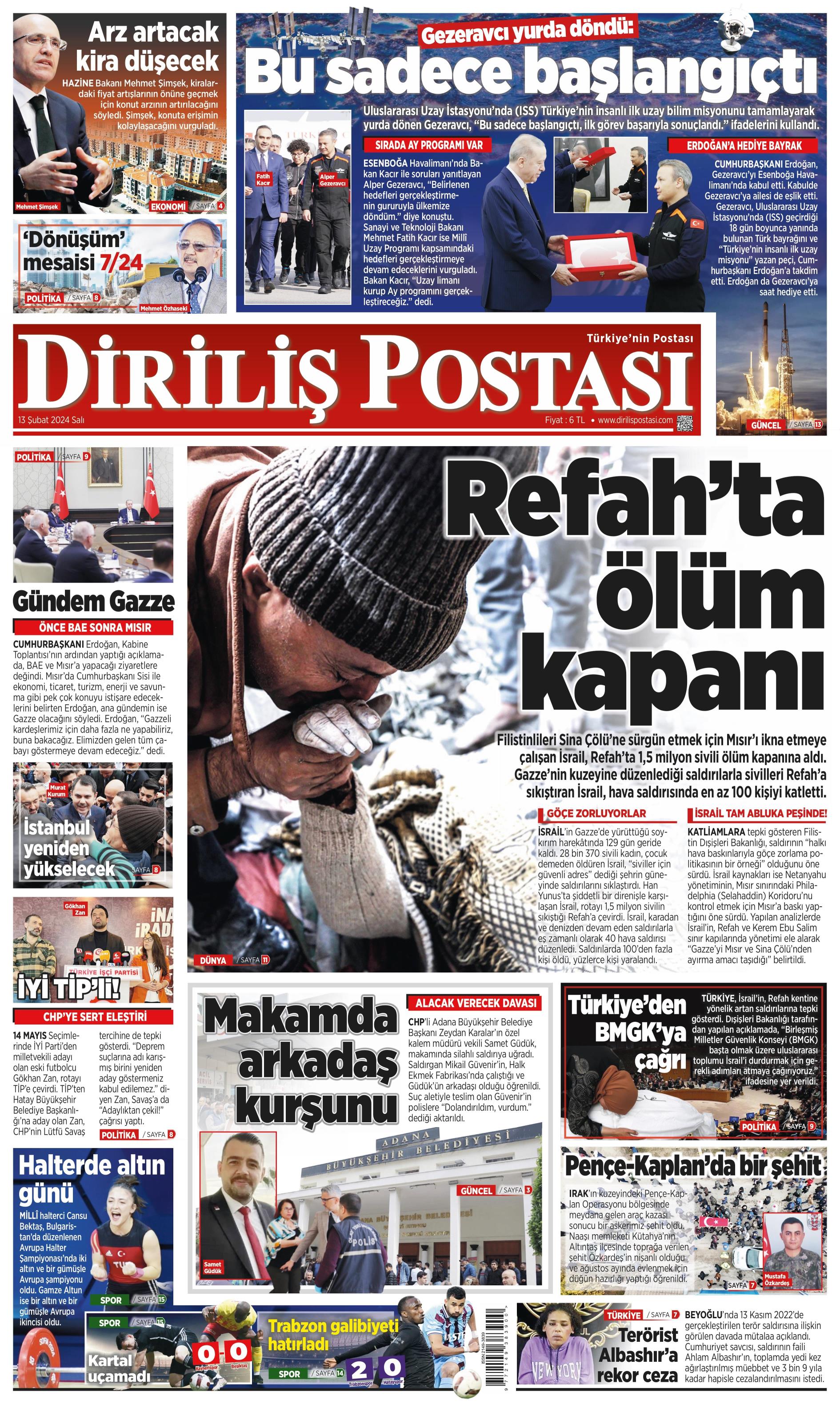 Diriliş Postası Gazetesi 13 Şubat 2024, Salı Günü Manşeti