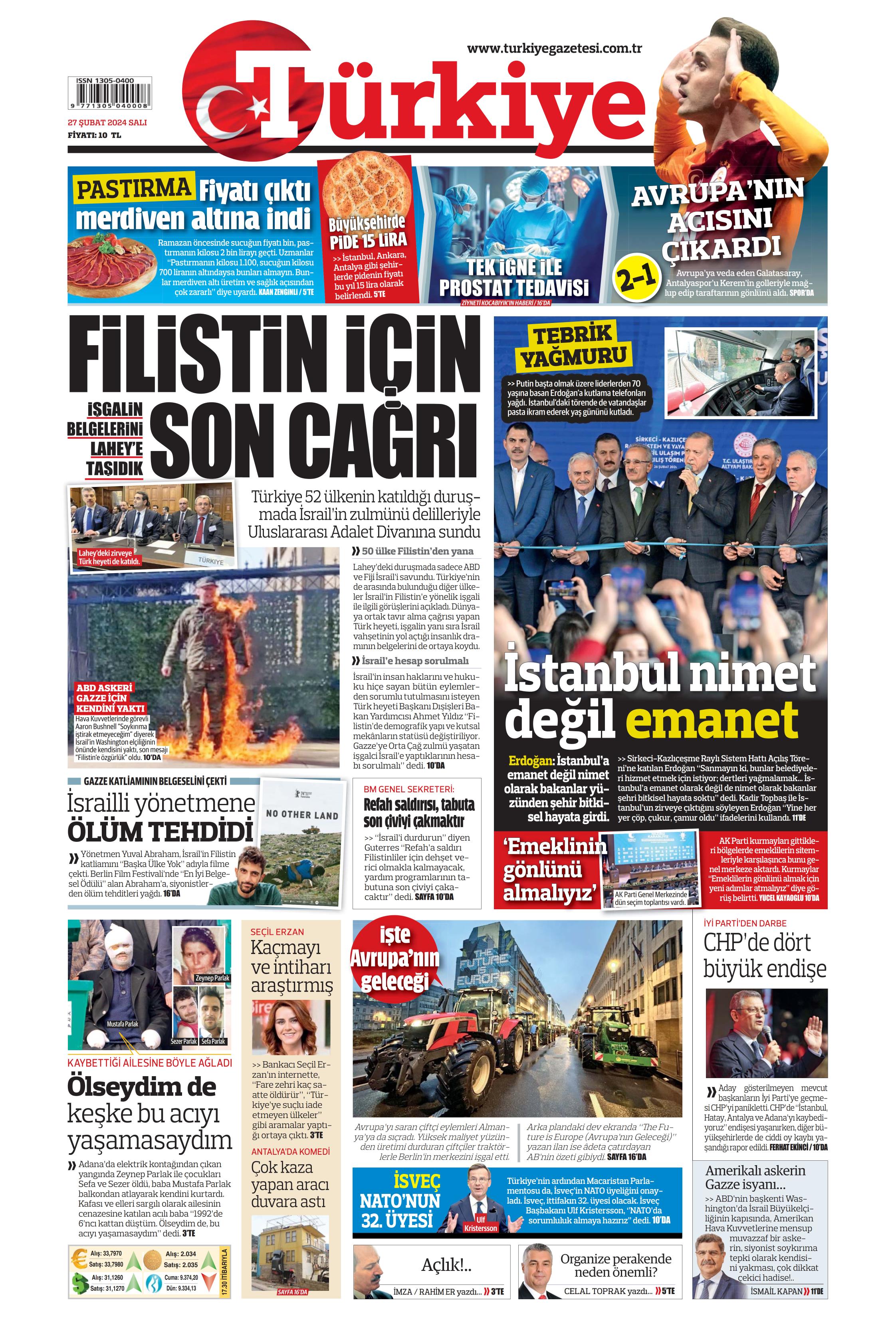 Türkiye Gazetesi 27 Şubat 2024, Salı Günü Manşeti